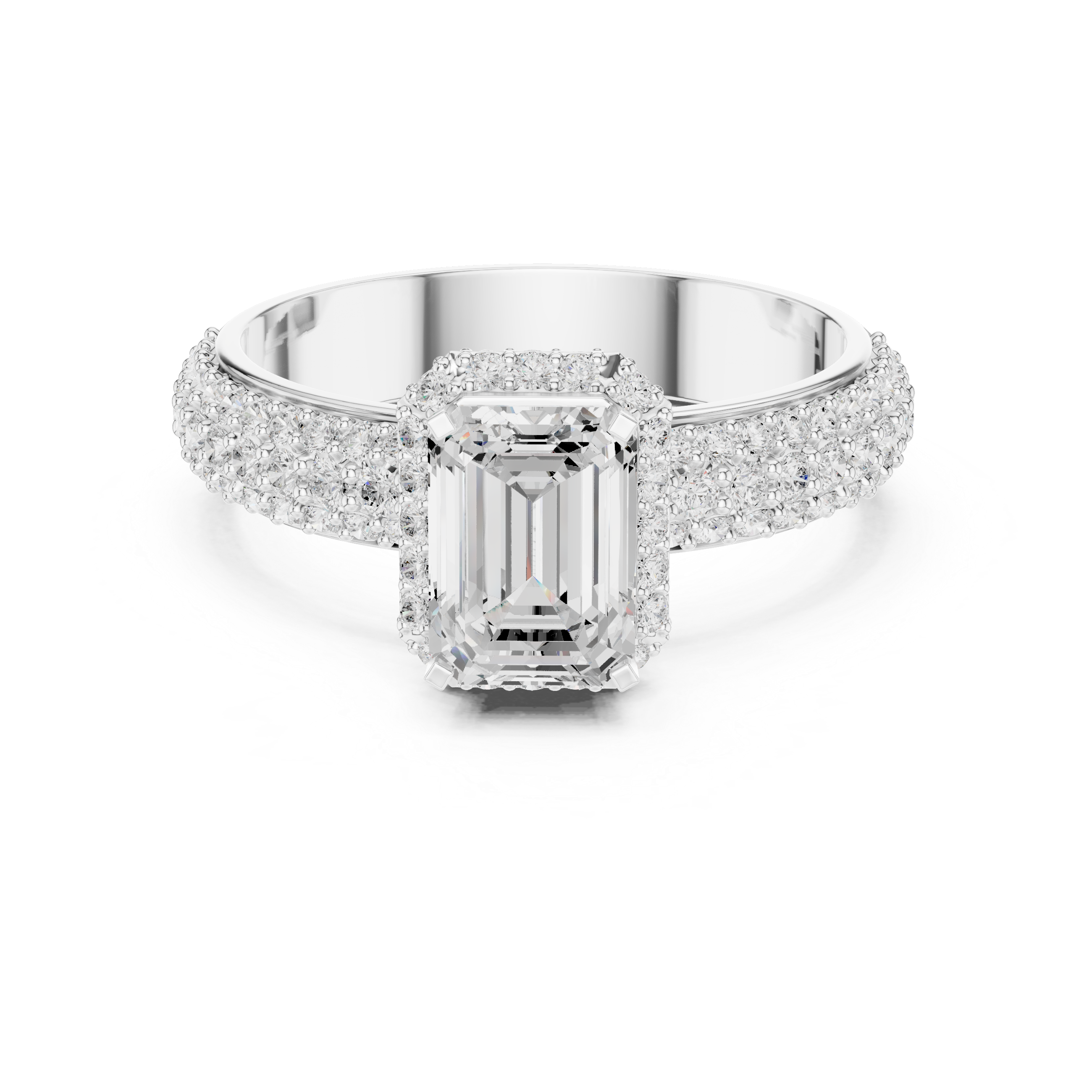 Emerald Cut Halo Engagement Ring with Triple Pavé Diamond Band