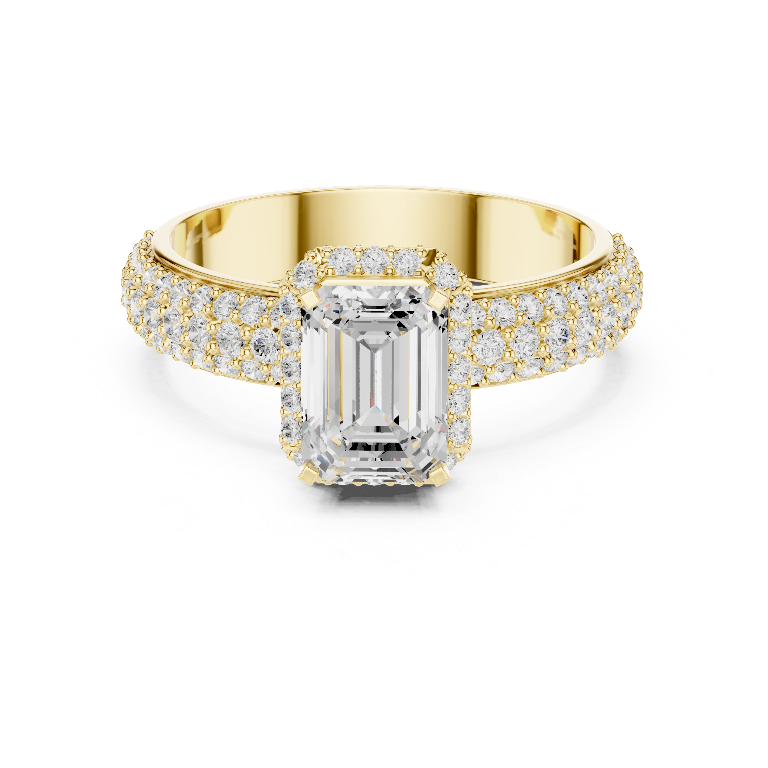 Emerald Cut Halo Engagement Ring with Triple Pavé Diamond Band