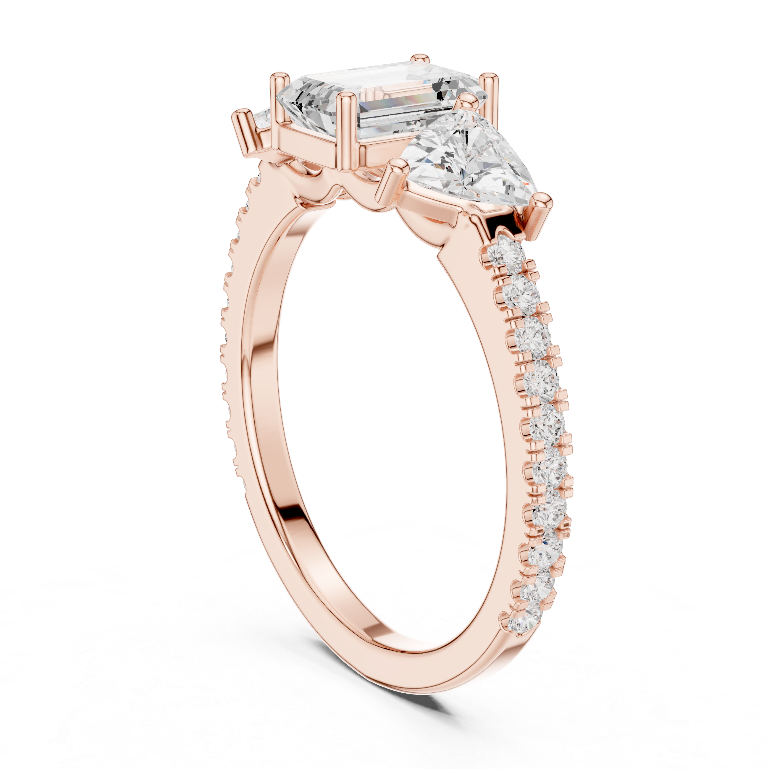 Emerald Cut & Trillion Side Stone Three Stone Engagement Ring