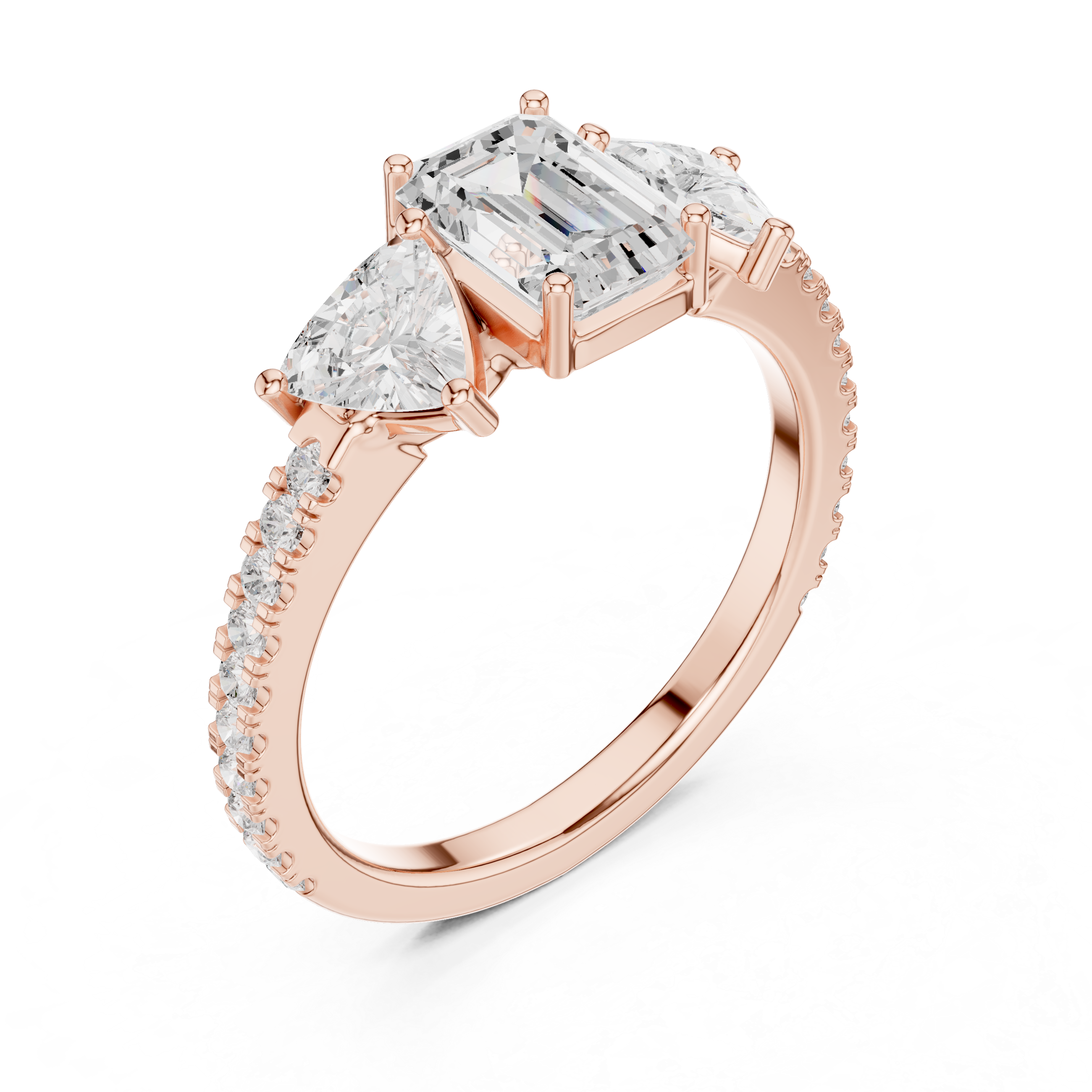 Emerald Cut & Trillion Side Stone Three Stone Engagement Ring