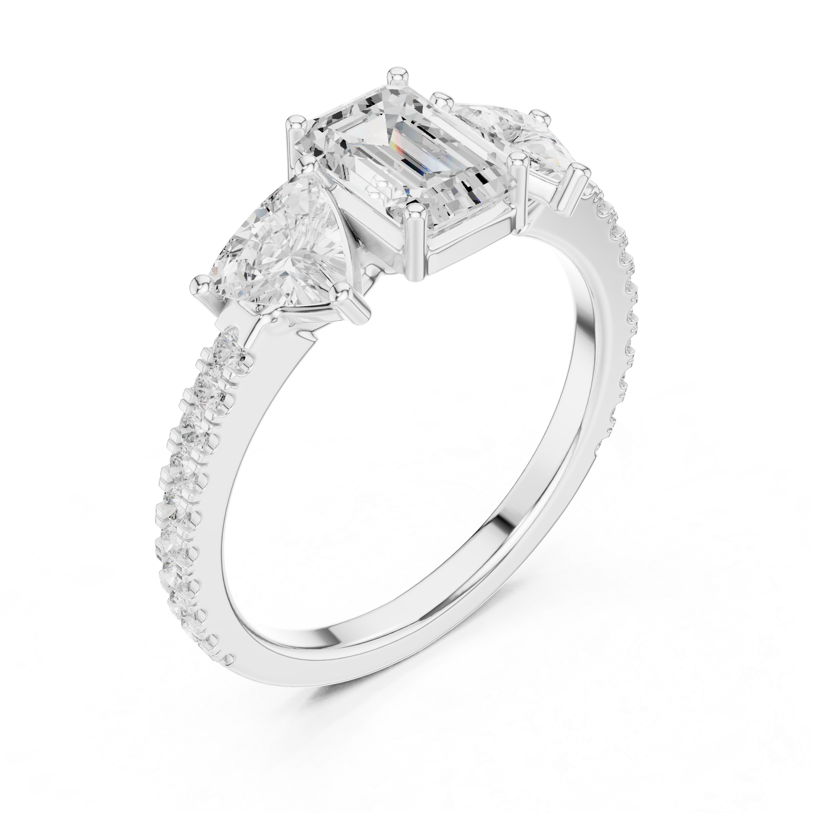 Emerald Cut & Trillion Side Stone Three Stone Engagement Ring