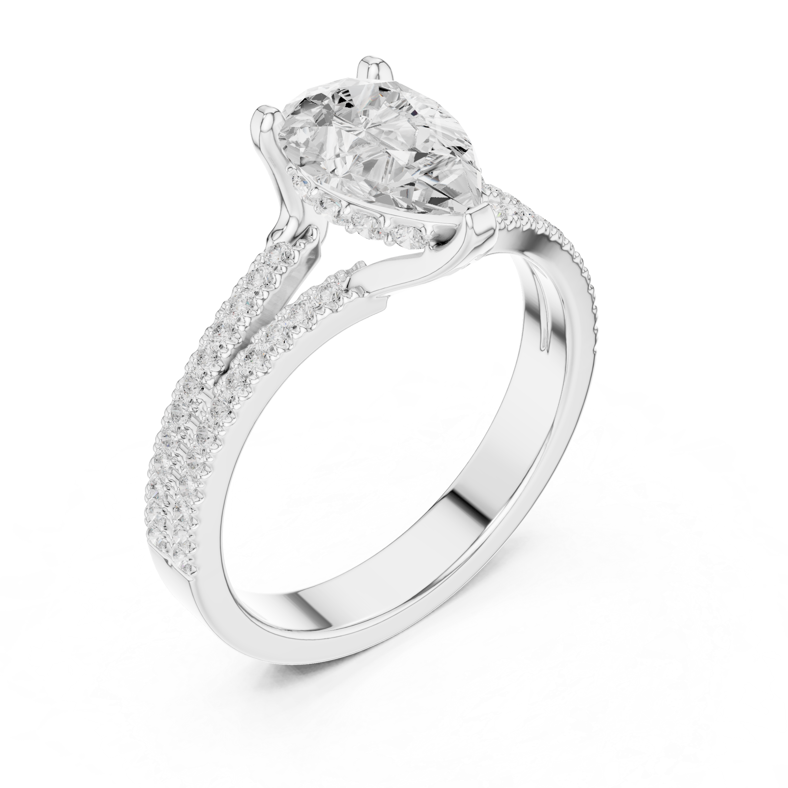 Pear Cut Split Shank Engagement Ring with Double Pavé Diamond Band