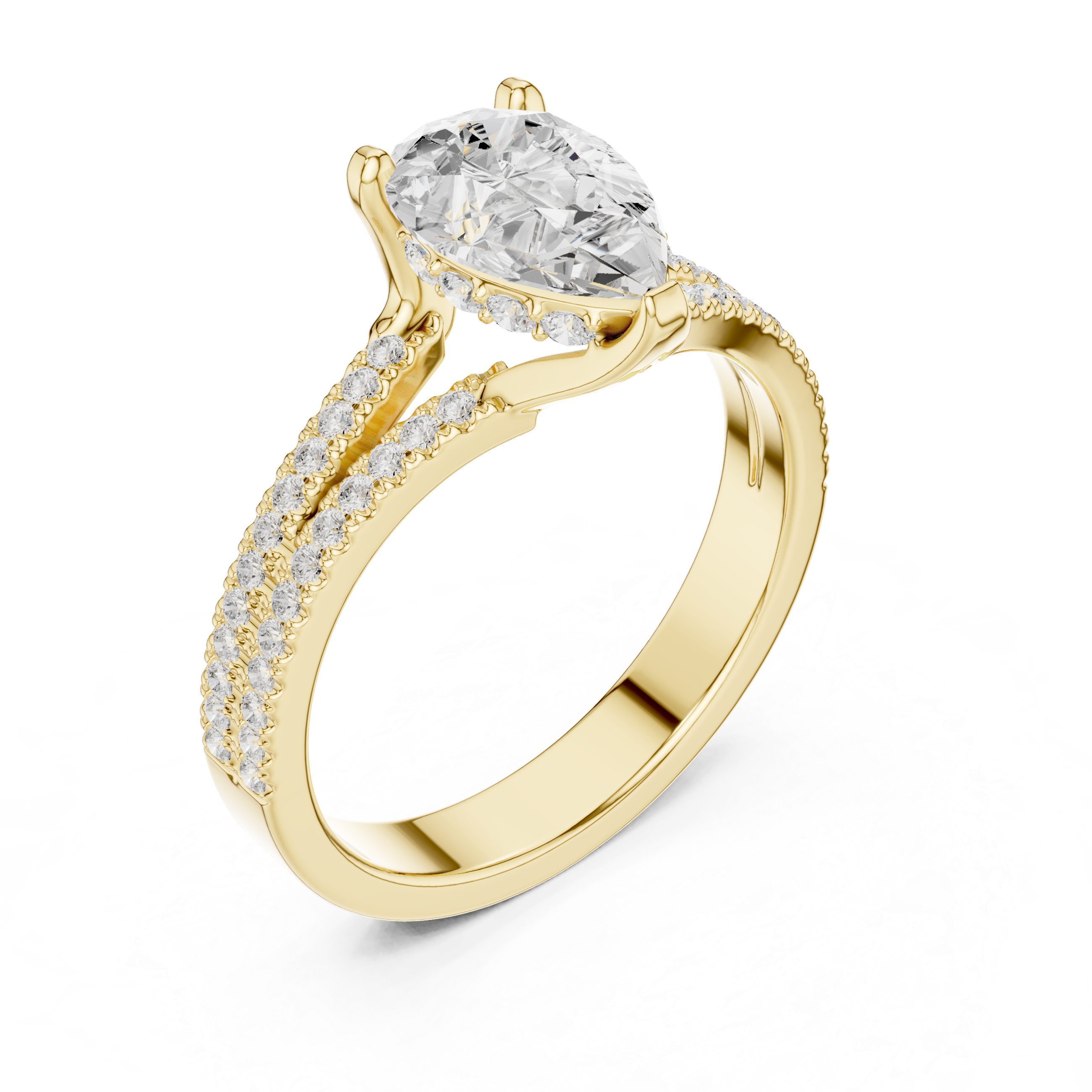 Pear Cut Split Shank Engagement Ring with Double Pavé Diamond Band