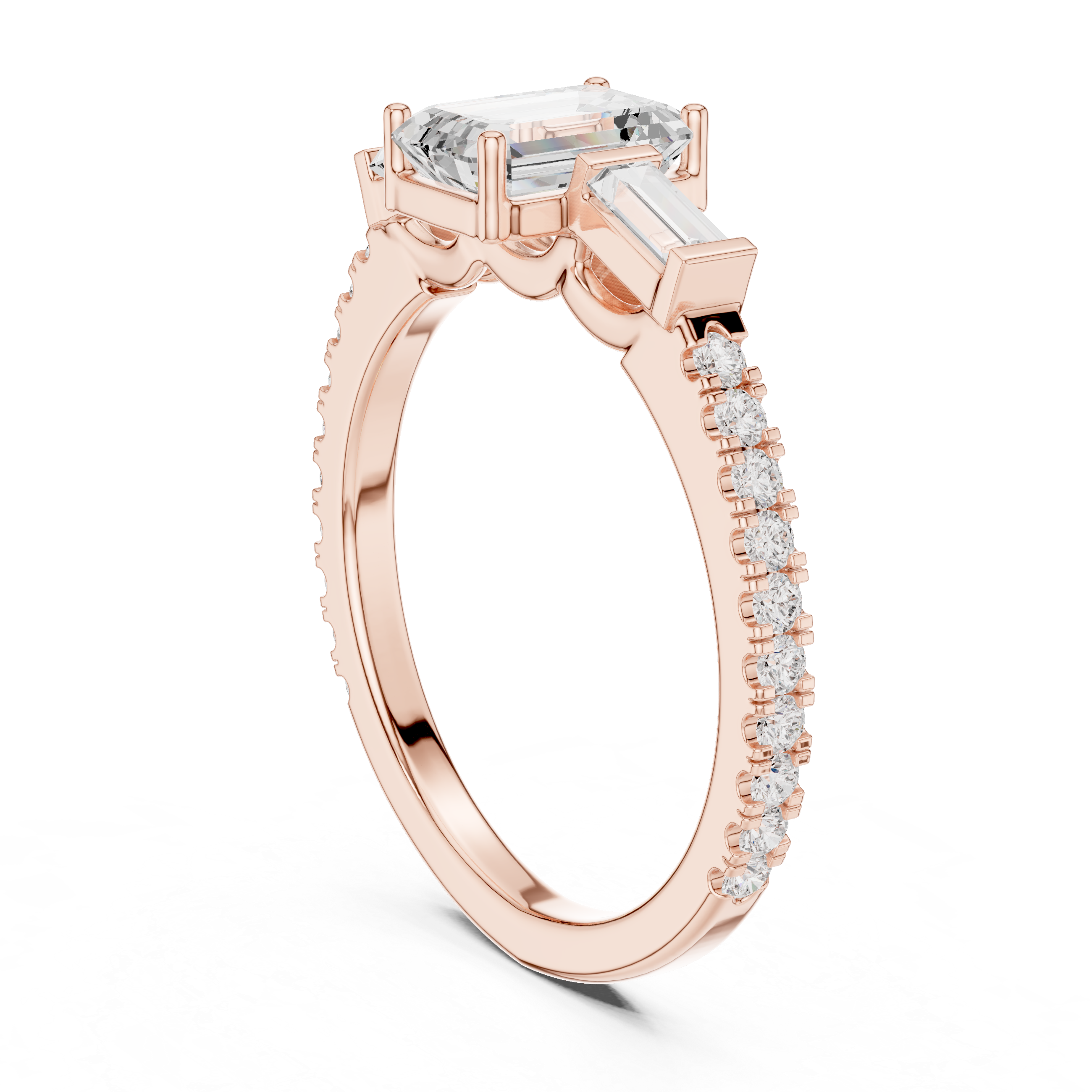 Emerald Cut Three-Stone Engagement Ring with Tapered Baguette Diamonds