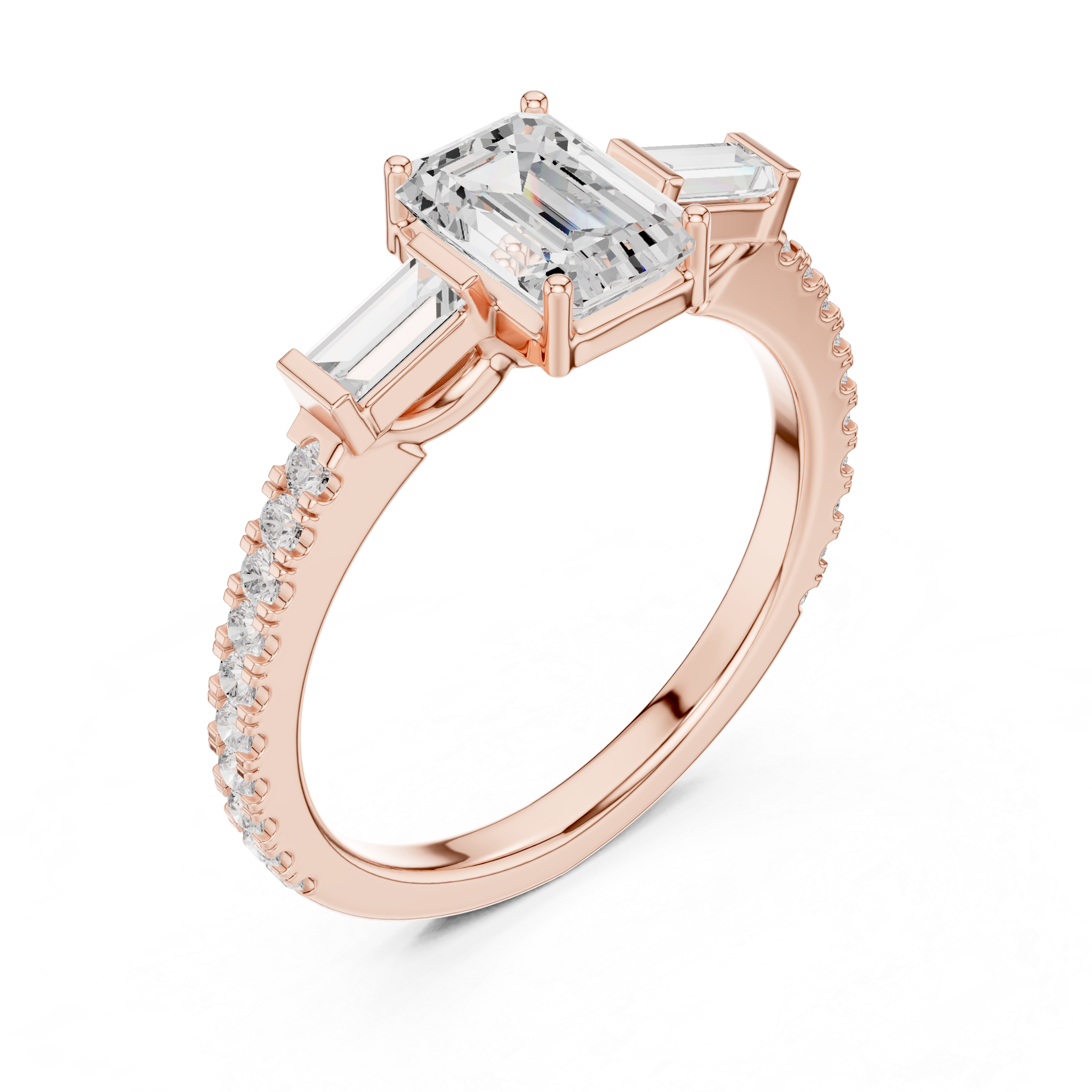 Emerald Cut Three-Stone Engagement Ring with Tapered Baguette Diamonds