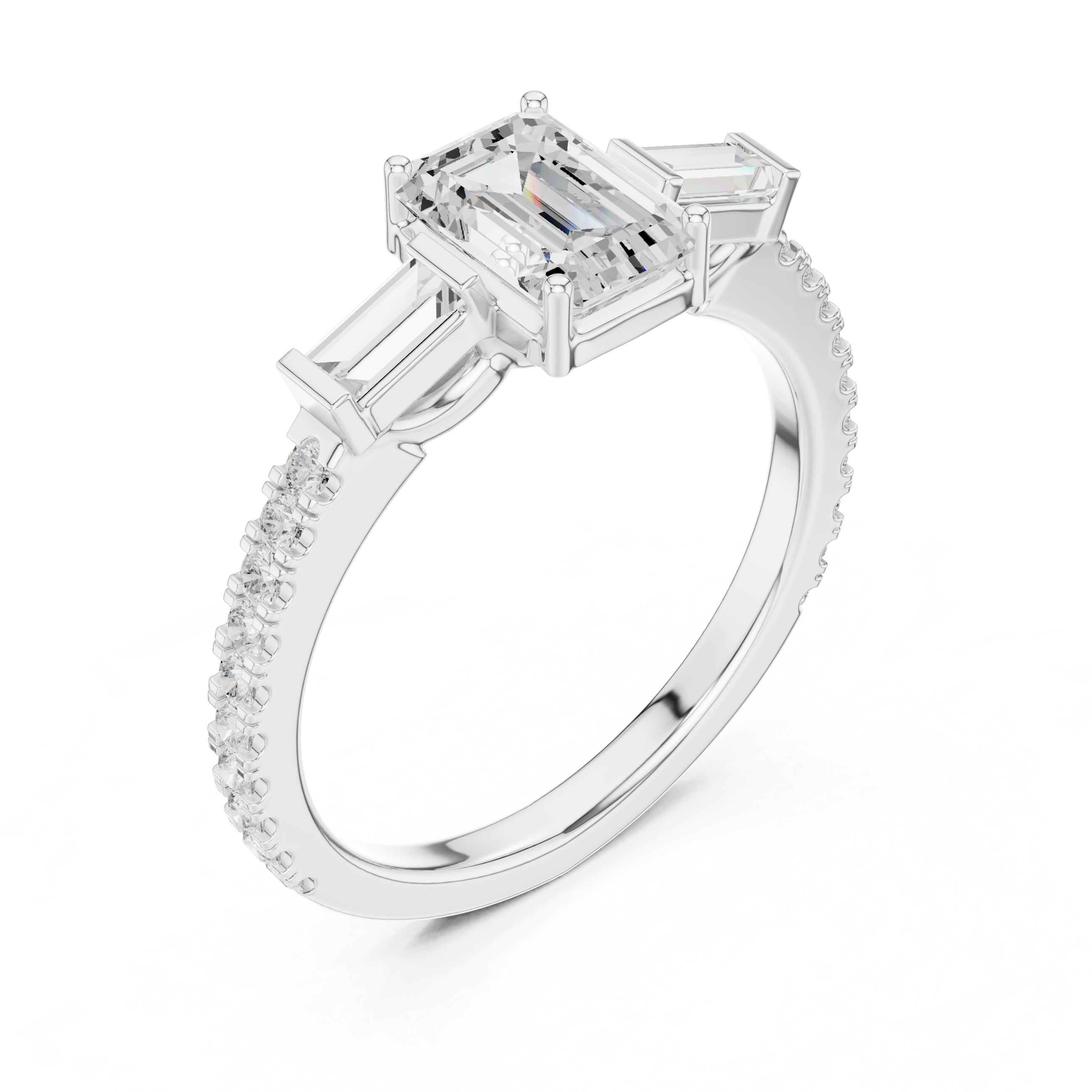 Emerald Cut Three-Stone Engagement Ring with Tapered Baguette Diamonds