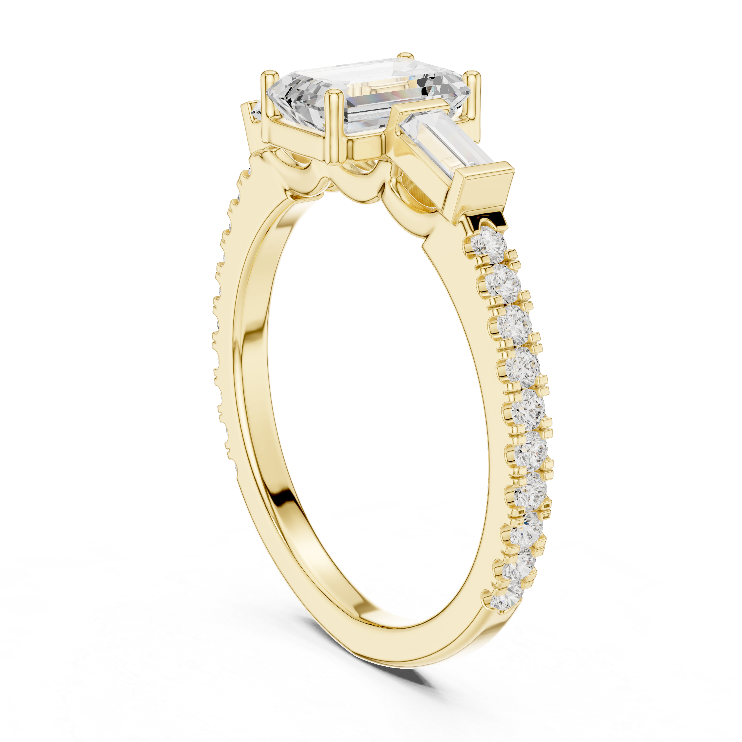 Emerald Cut Three-Stone Engagement Ring with Tapered Baguette Diamonds
