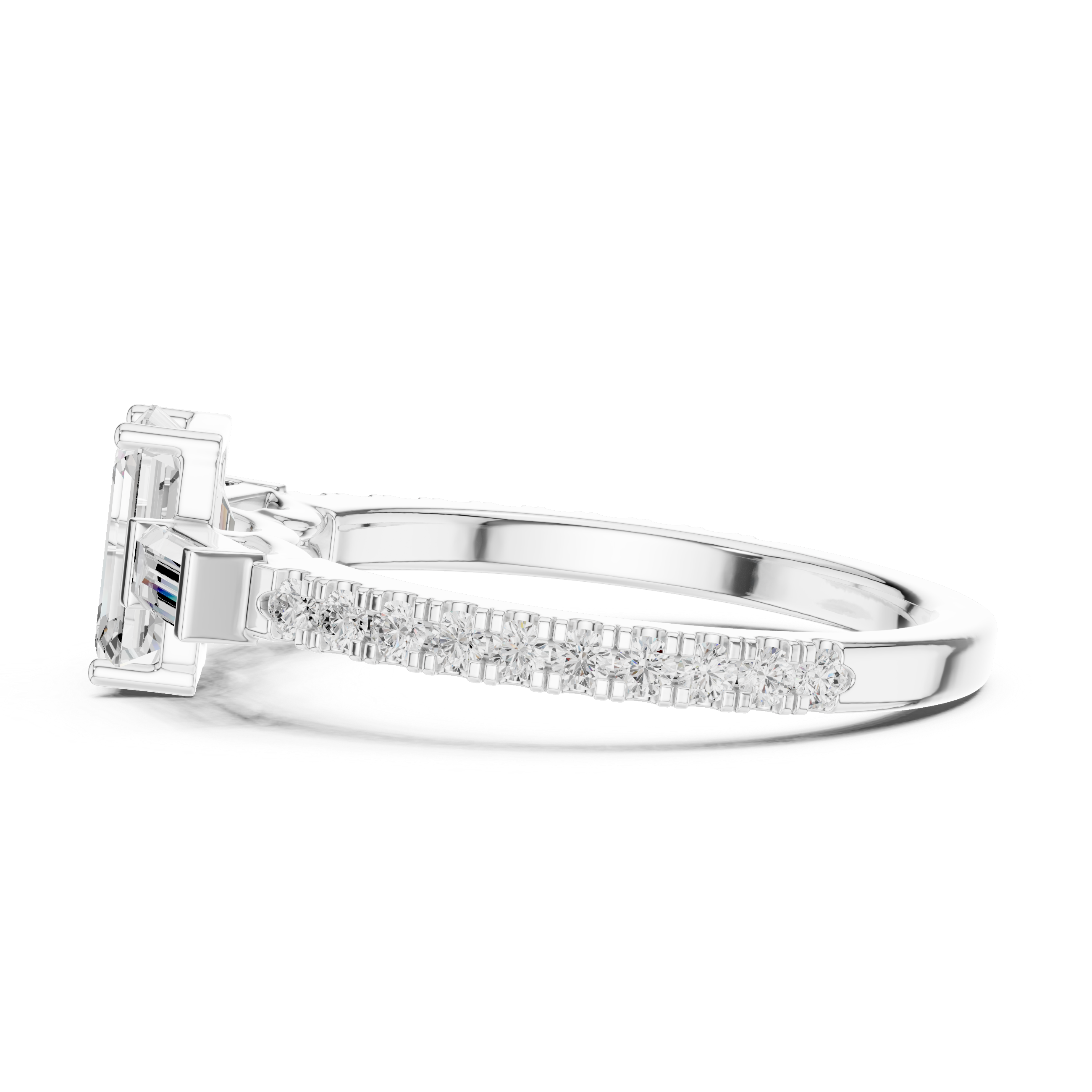 Emerald Cut Three-Stone Engagement Ring with Tapered Baguette Diamonds