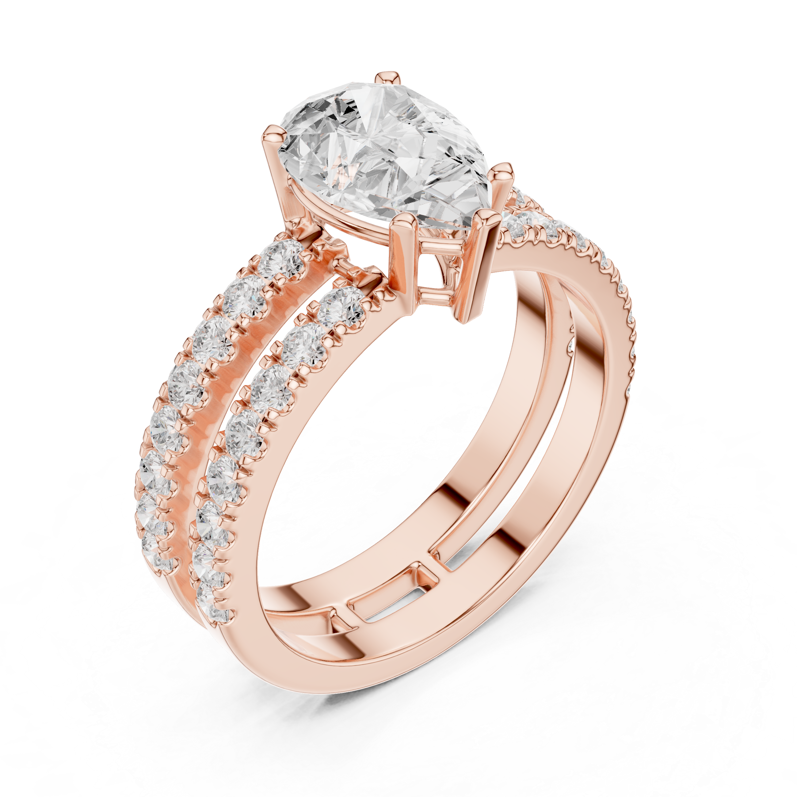 Double Pavé Pear Cut Engagement Ring with Split Shank Diamond Band
