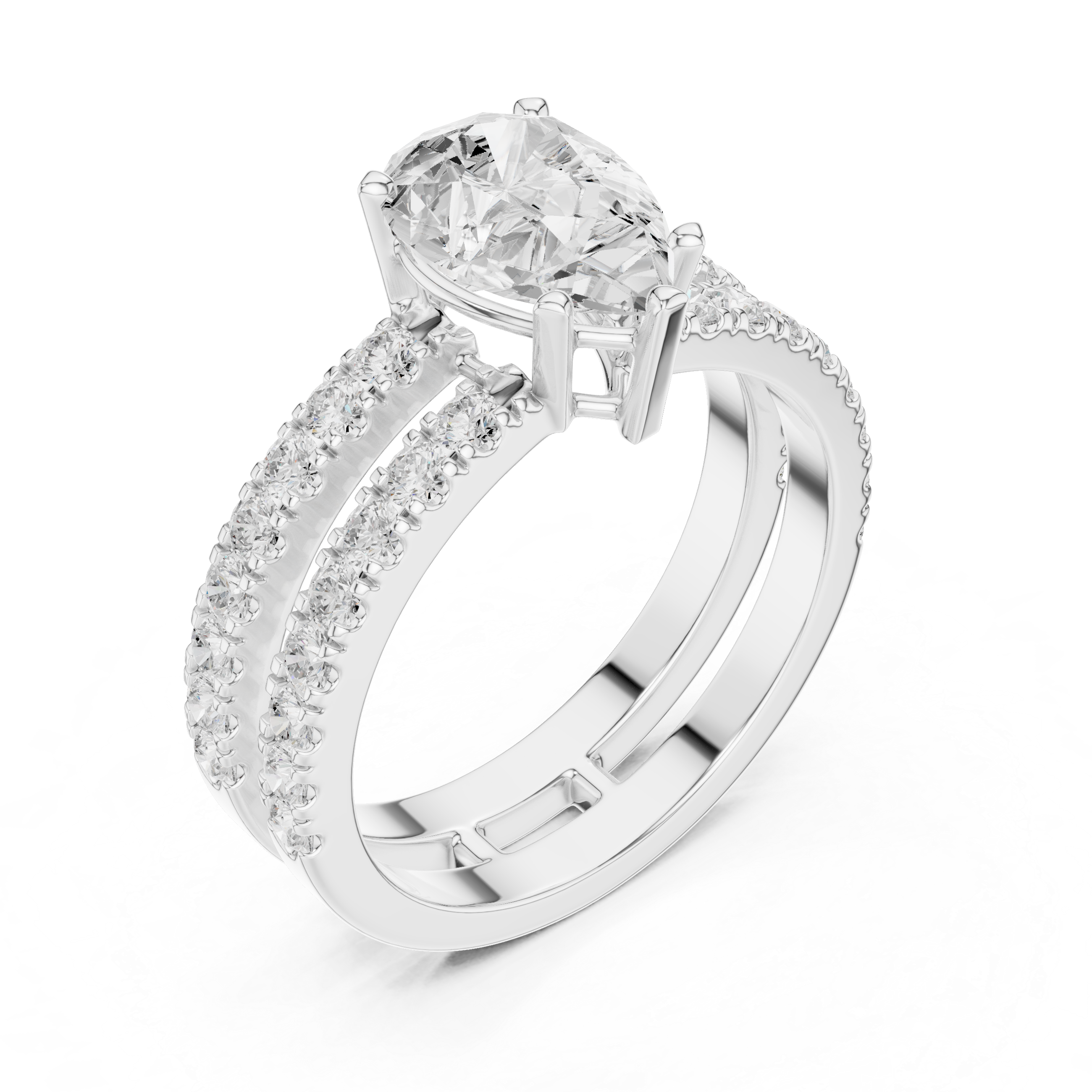 Double Pavé Pear Cut Engagement Ring with Split Shank Diamond Band