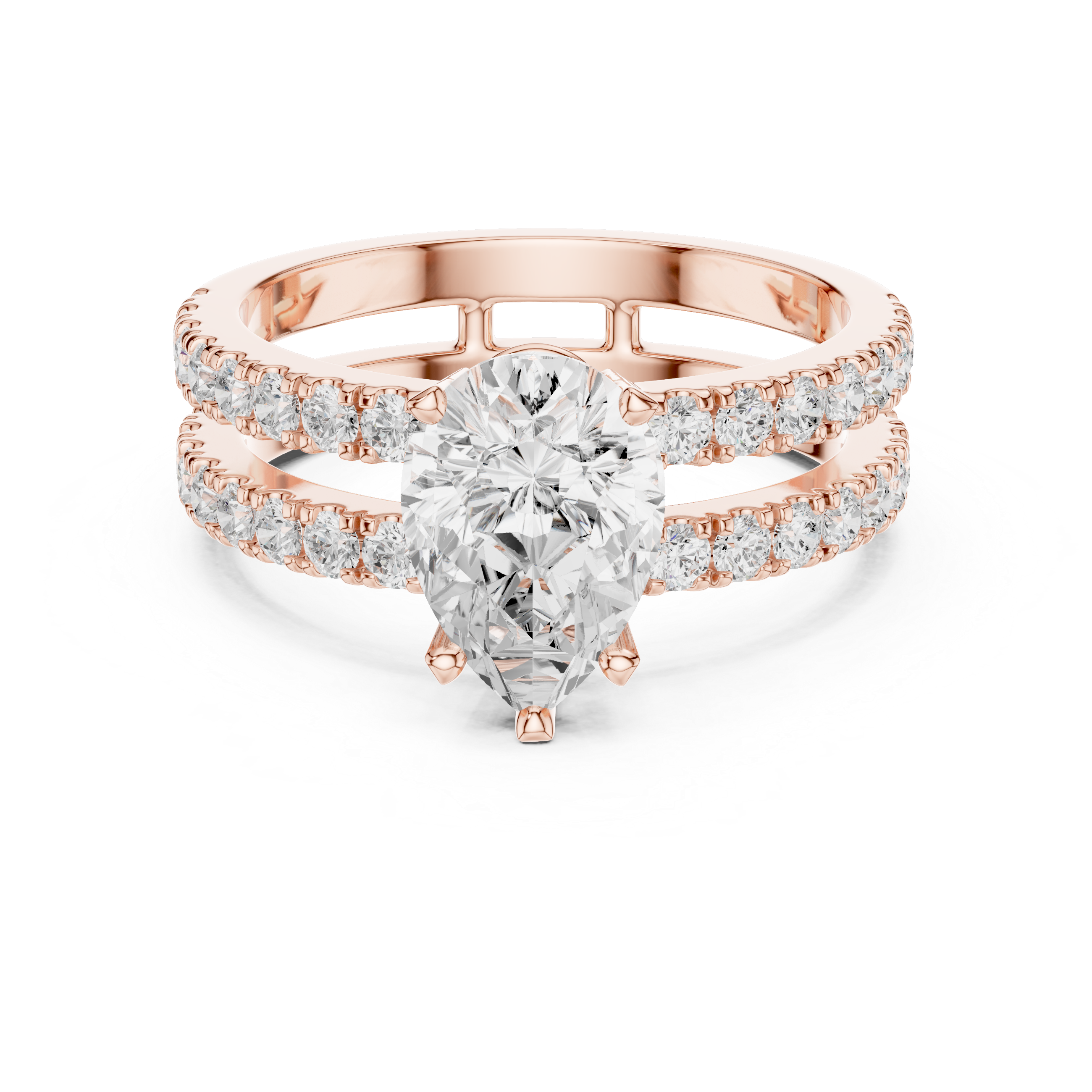 Double Pavé Pear Cut Engagement Ring with Split Shank Diamond Band