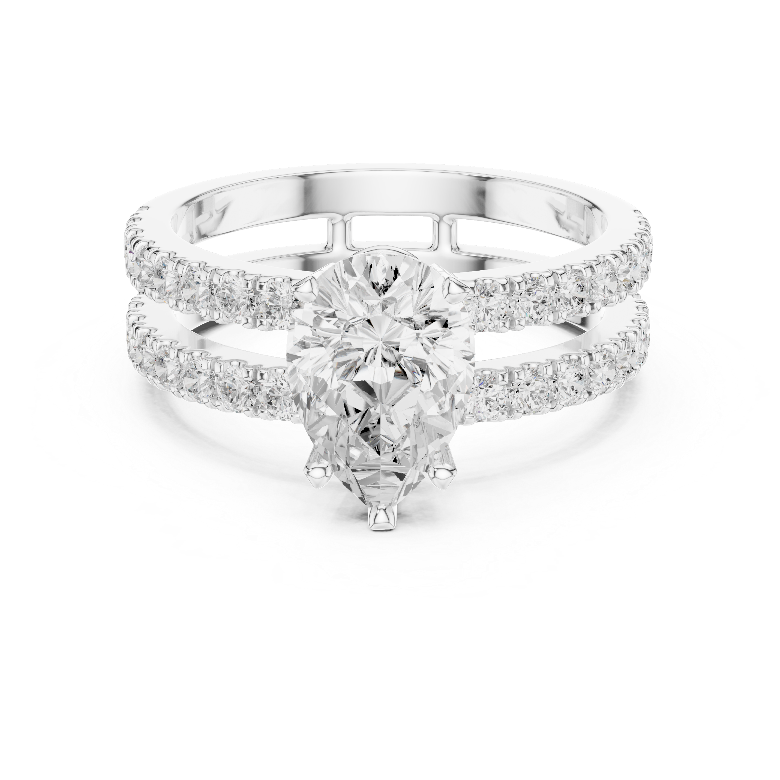 Double Pavé Pear Cut Engagement Ring with Split Shank Diamond Band