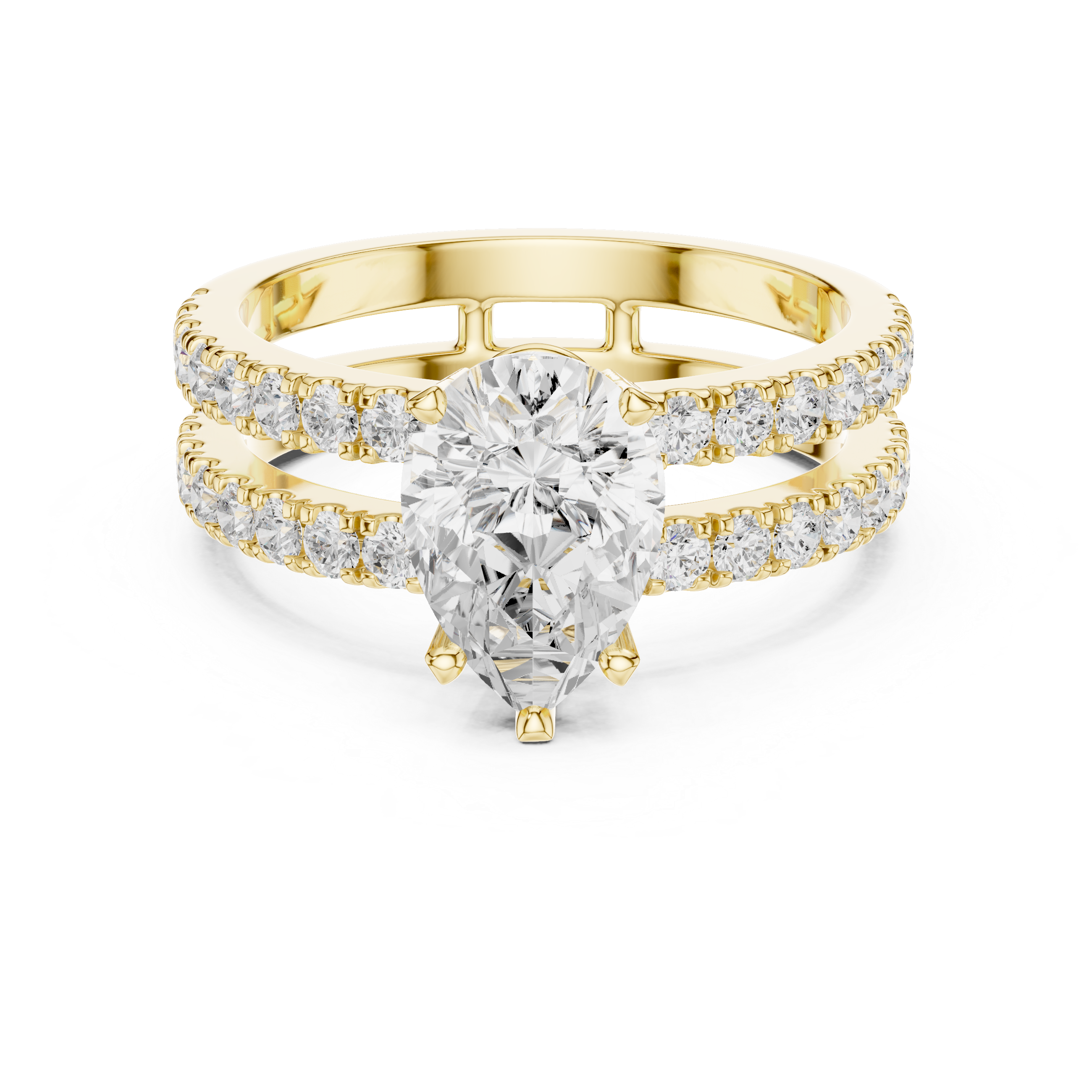 Double Pavé Pear Cut Engagement Ring with Split Shank Diamond Band