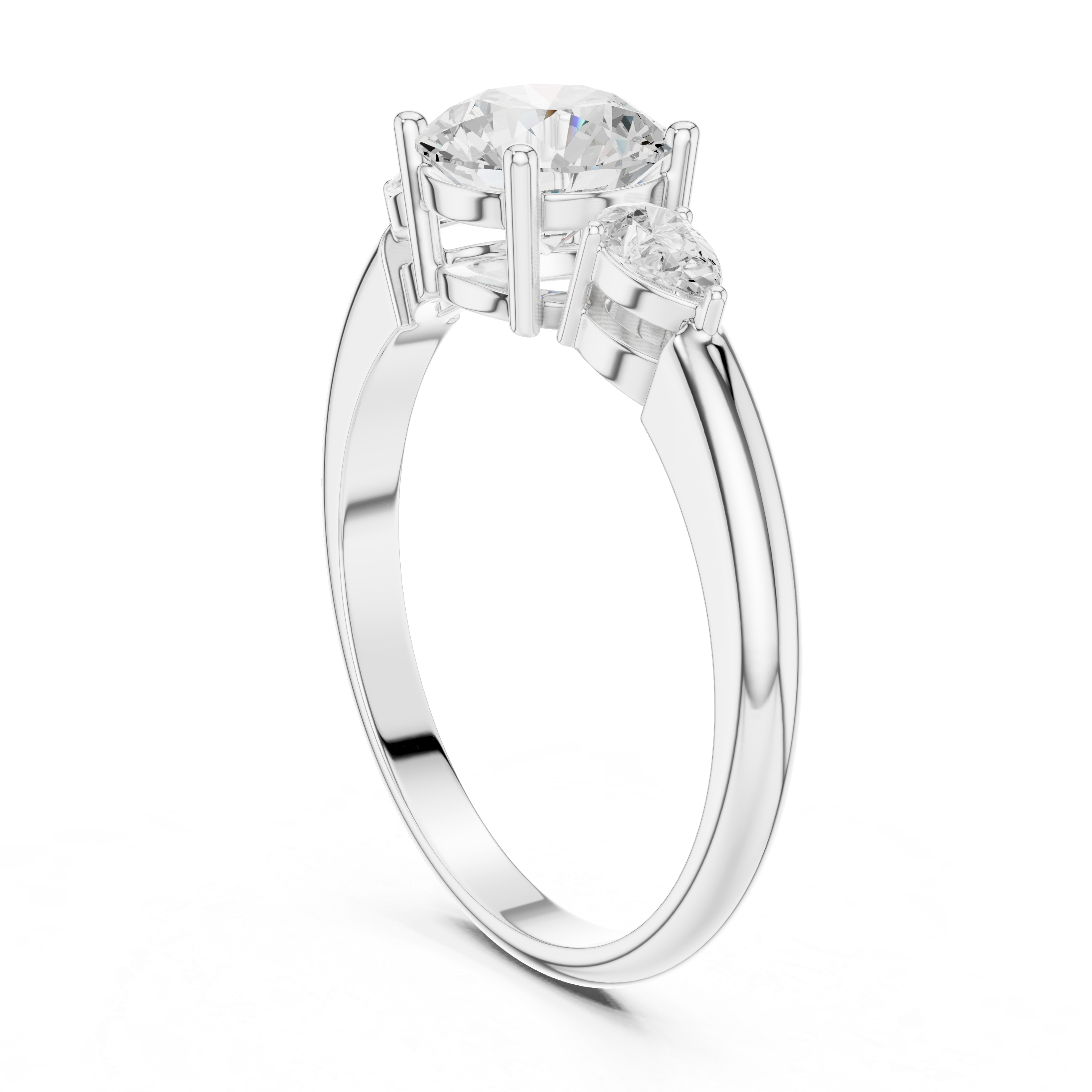 Round Brilliant Three-Stone Engagement Ring with Pear Side Diamonds