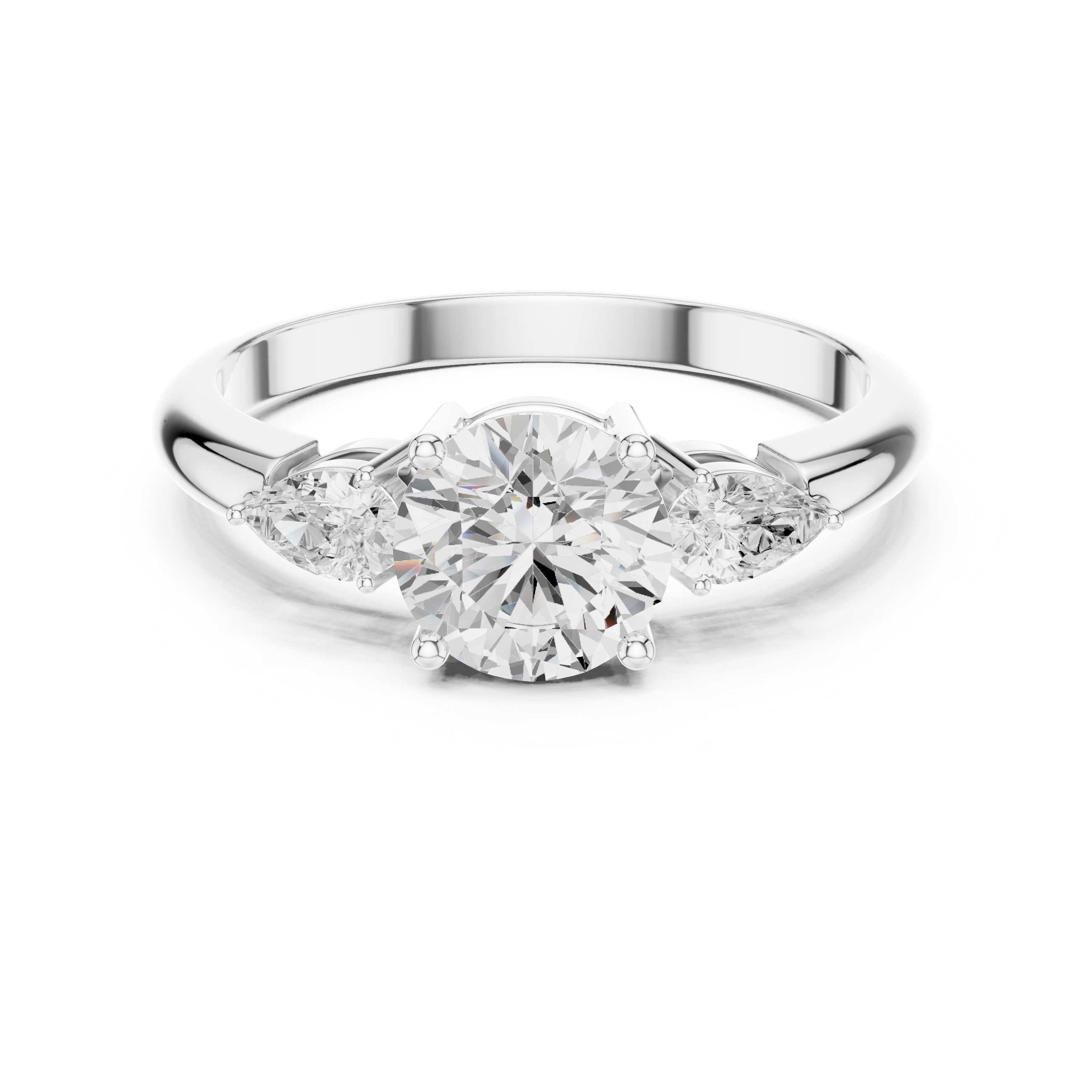 Round Brilliant Three-Stone Engagement Ring with Pear Side Diamonds