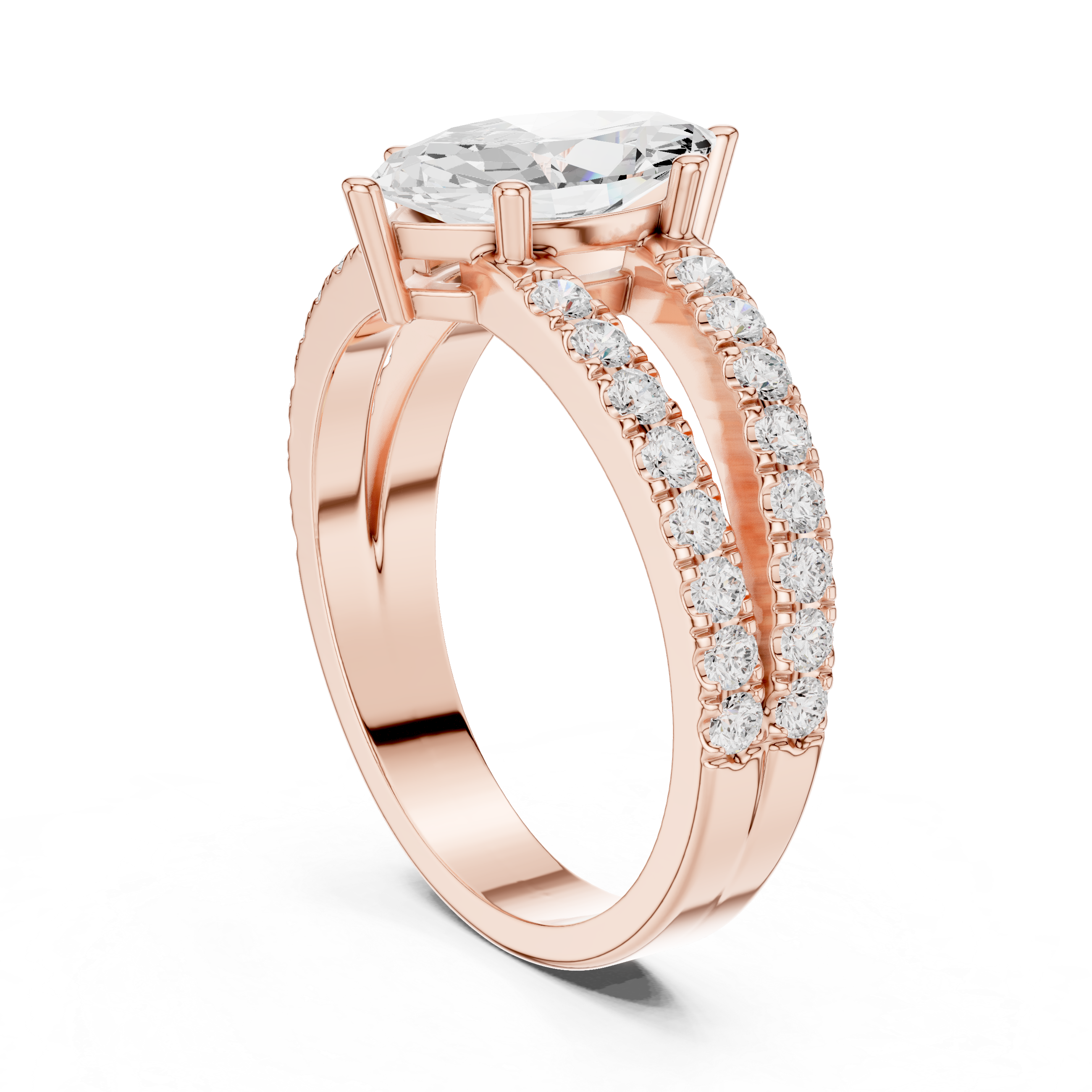 Marquise Cut Diamond Split Shank Engagement Ring with Double Pavé Band