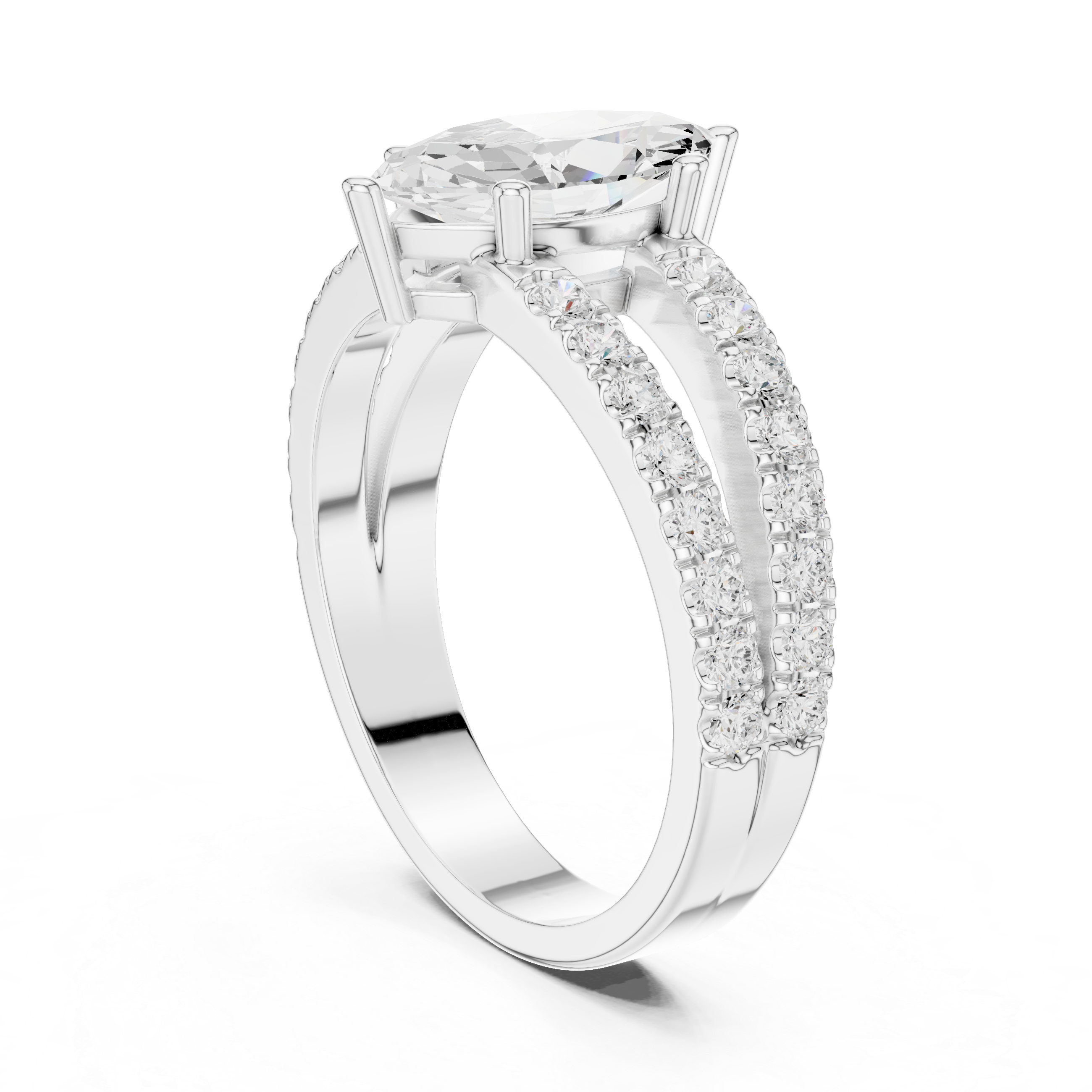 Marquise Cut Diamond Split Shank Engagement Ring with Double Pavé Band