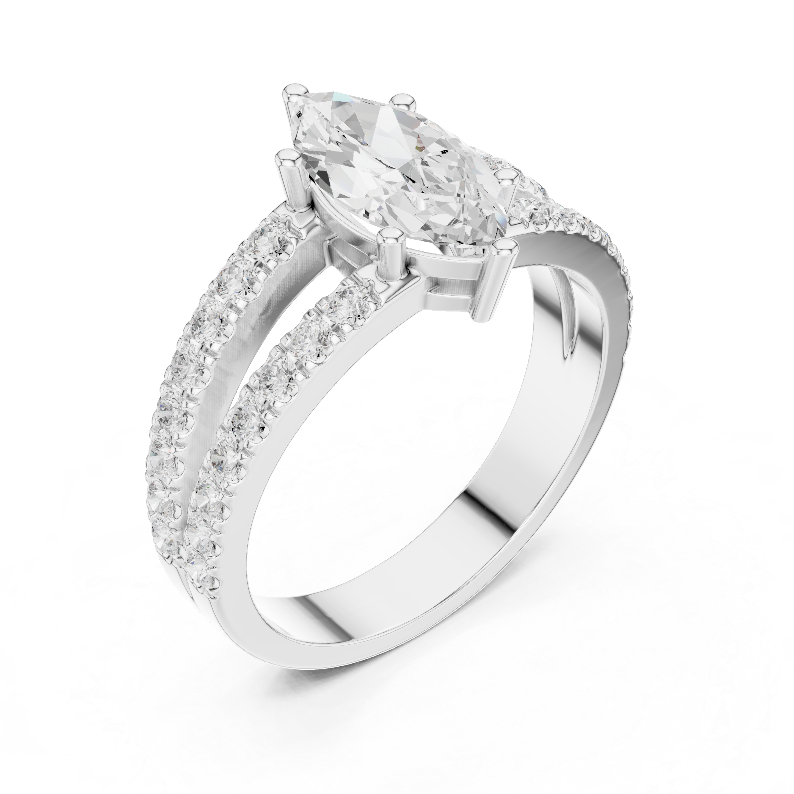 Marquise Cut Diamond Split Shank Engagement Ring with Double Pavé Band