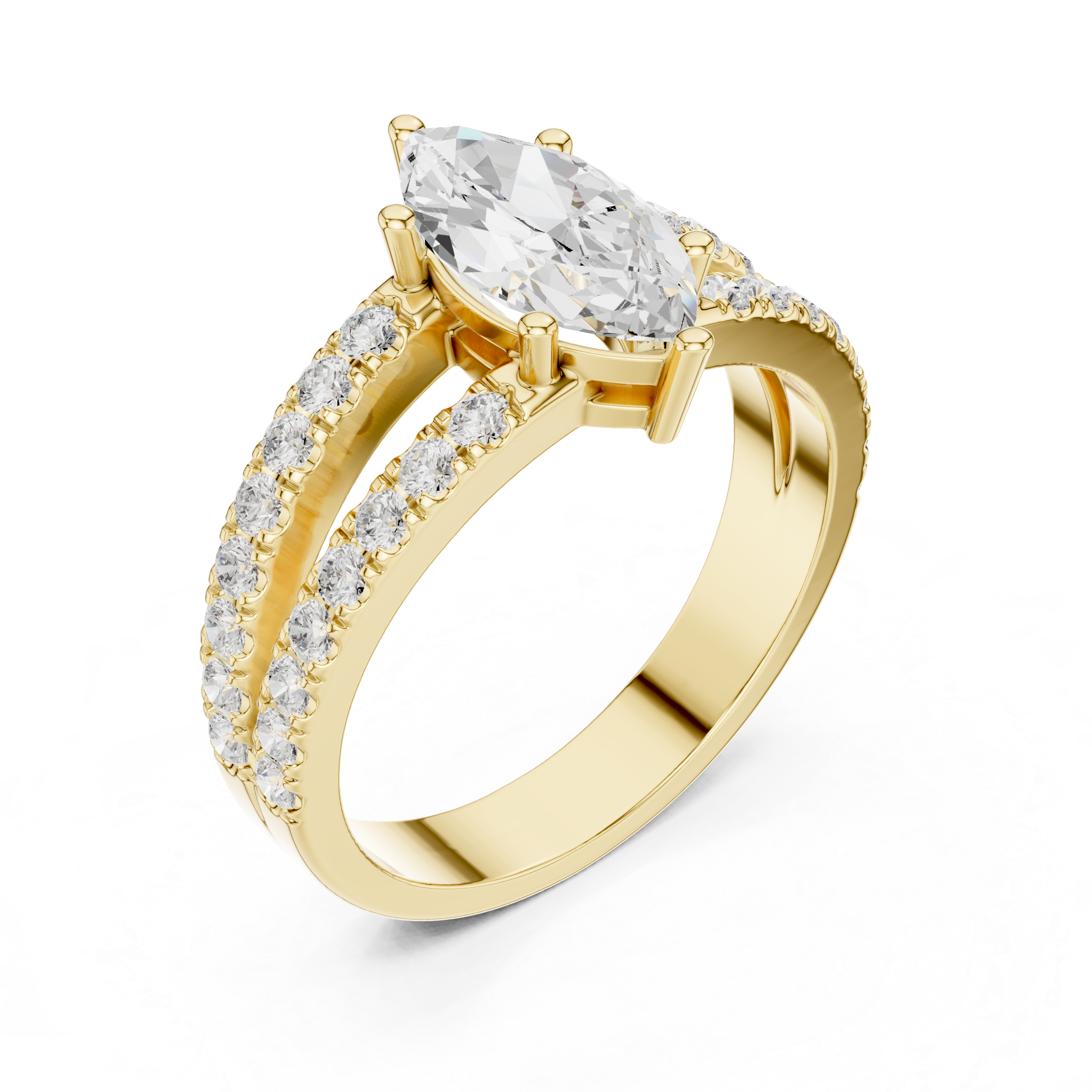 Marquise Cut Diamond Split Shank Engagement Ring with Double Pavé Band