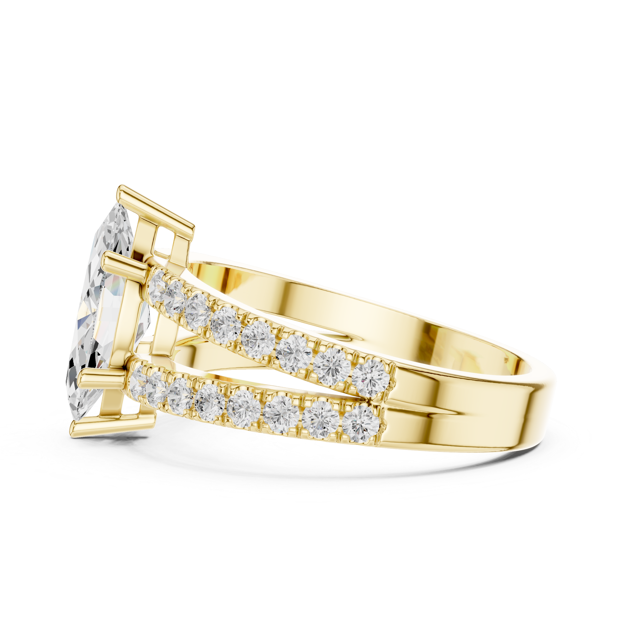 Marquise Cut Diamond Split Shank Engagement Ring with Double Pavé Band