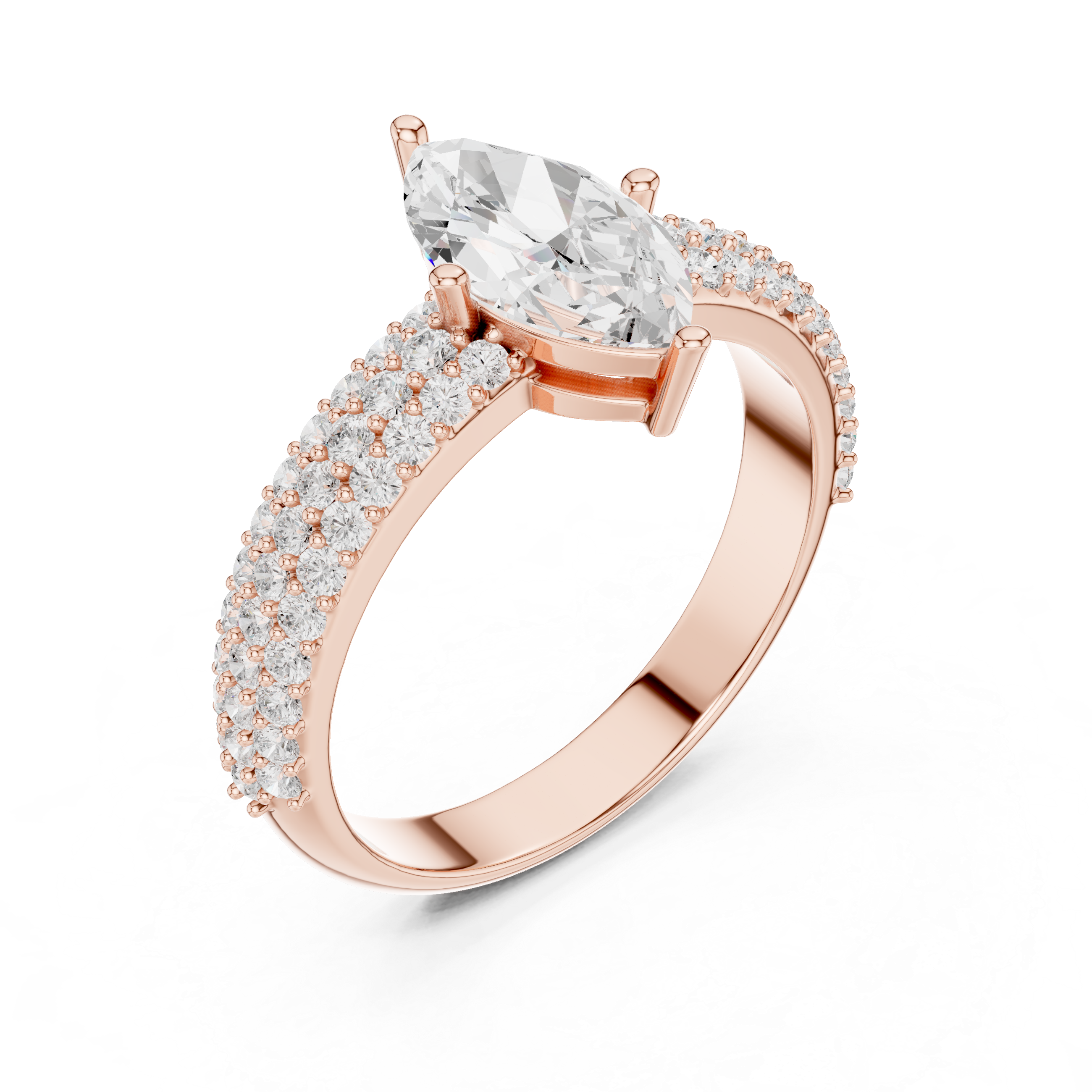 Marquise Cut Diamond Engagement Ring with Triple Pavé Band
