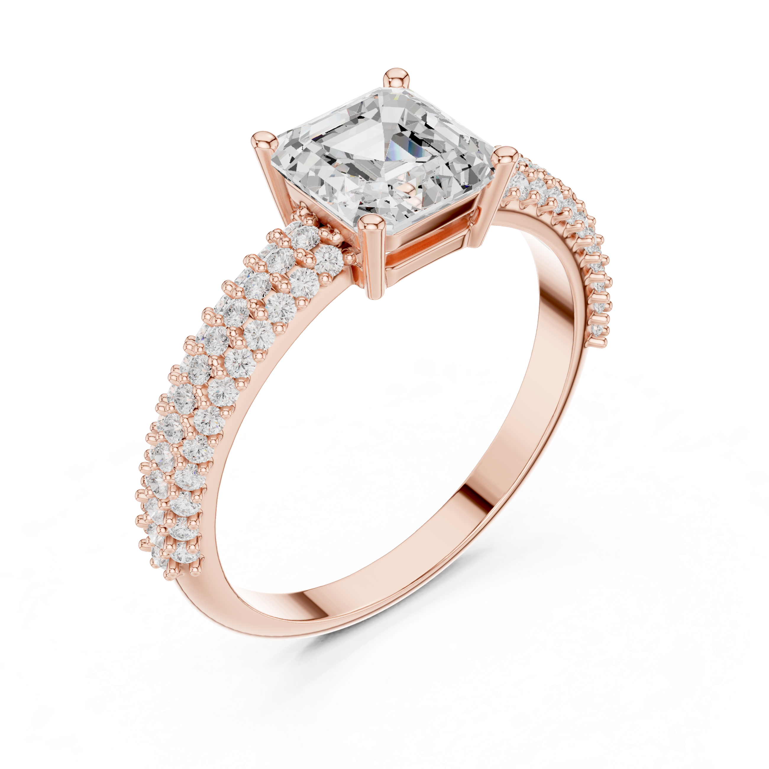 Asscher Cut Diamond Cluster Engagement Ring with Triple Pavé Split Shank