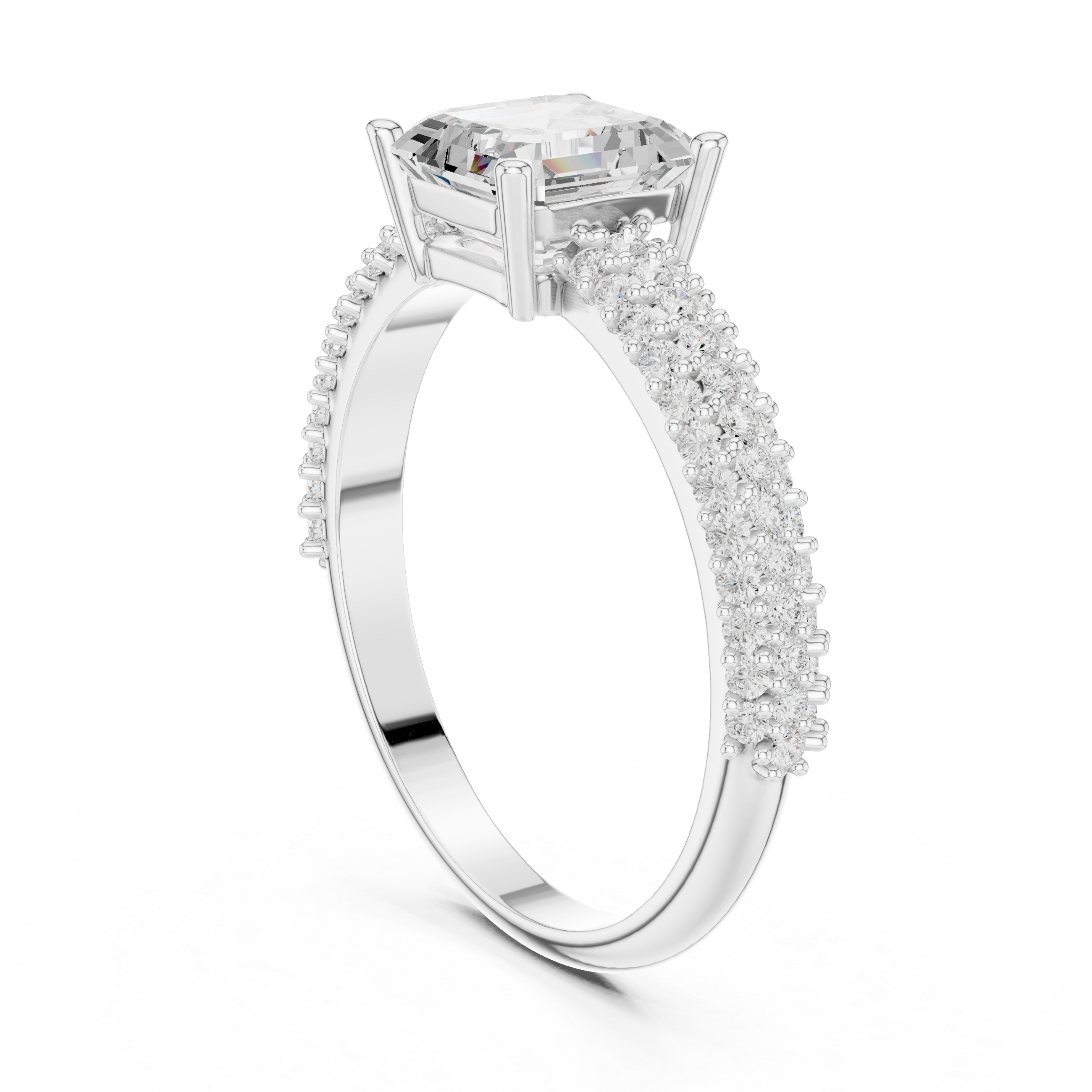 Asscher Cut Diamond Cluster Engagement Ring with Triple Pavé Split Shank