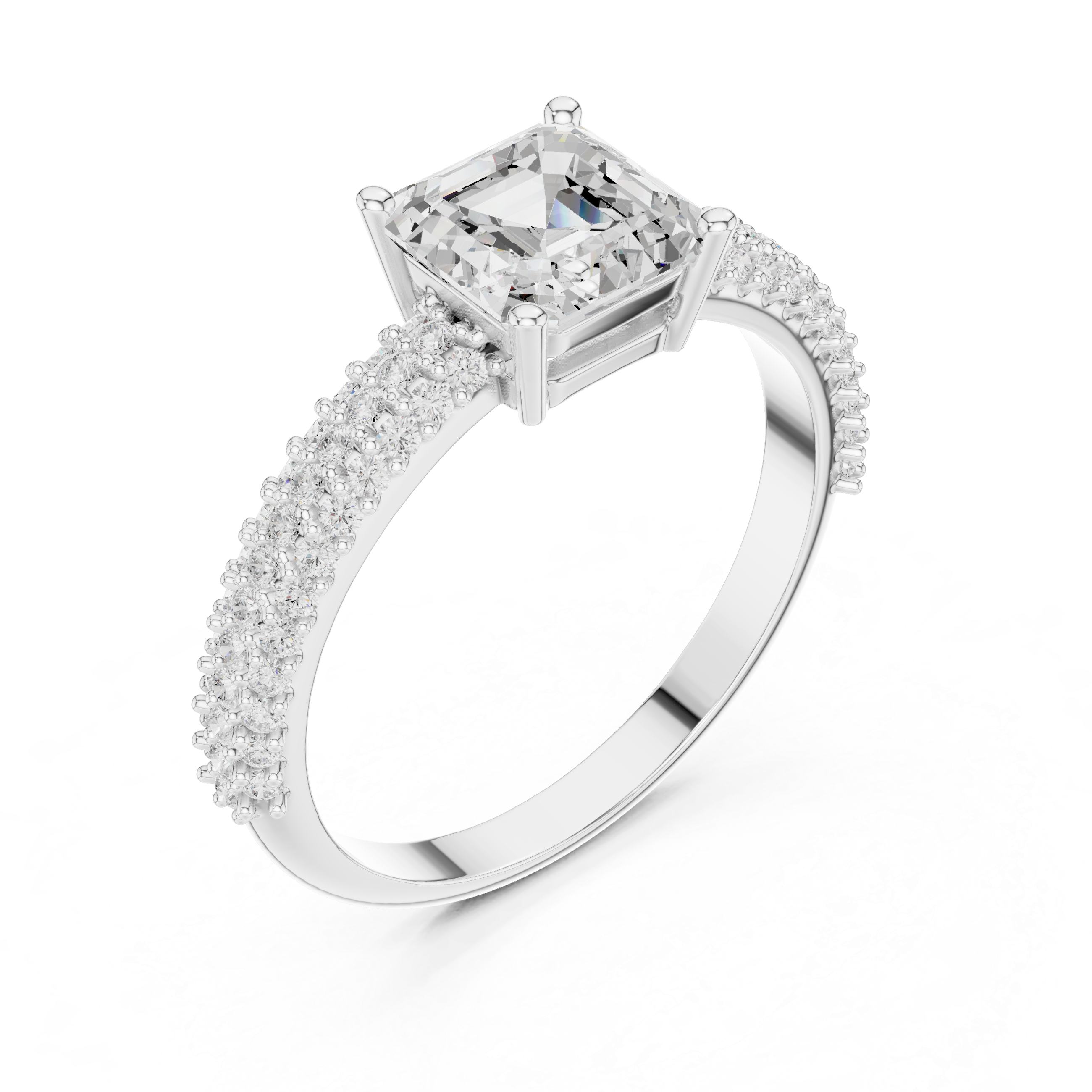 Asscher Cut Diamond Cluster Engagement Ring with Triple Pavé Split Shank
