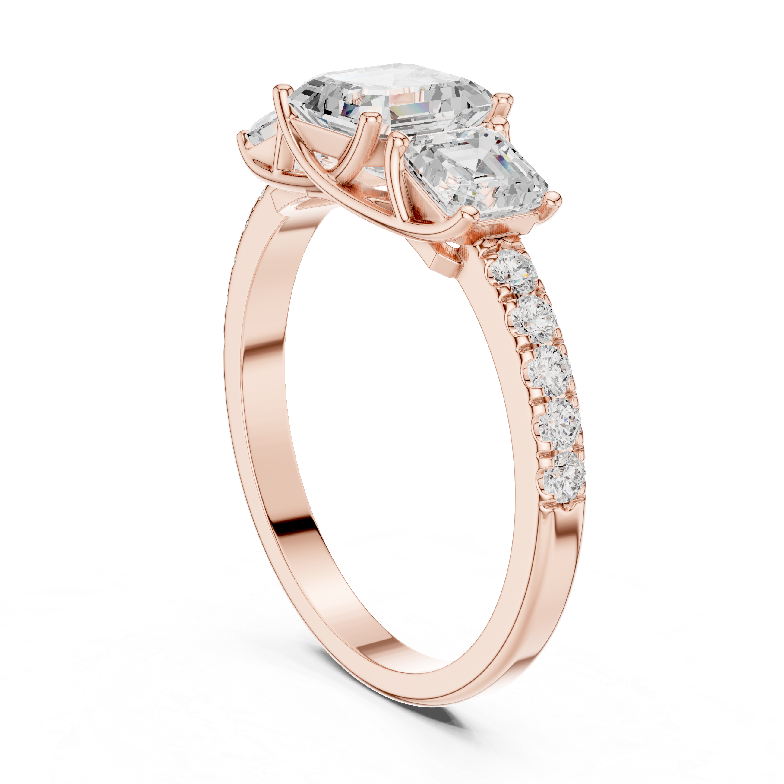 Three Stone Asscher Cut Engagement Ring – Emerald Cut Side Stones with Pavé Diamond Band