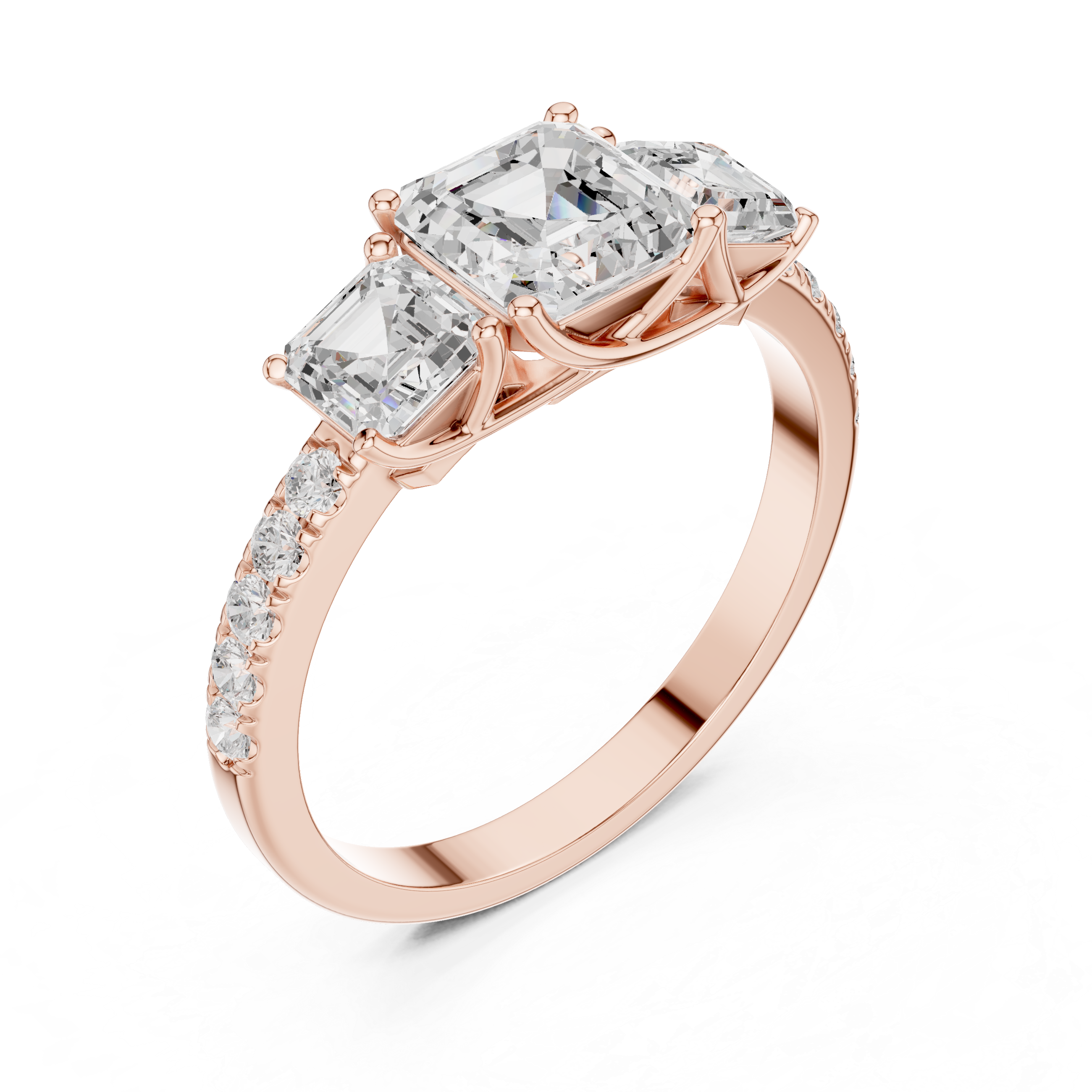 Three Stone Asscher Cut Engagement Ring – Emerald Cut Side Stones with Pavé Diamond Band