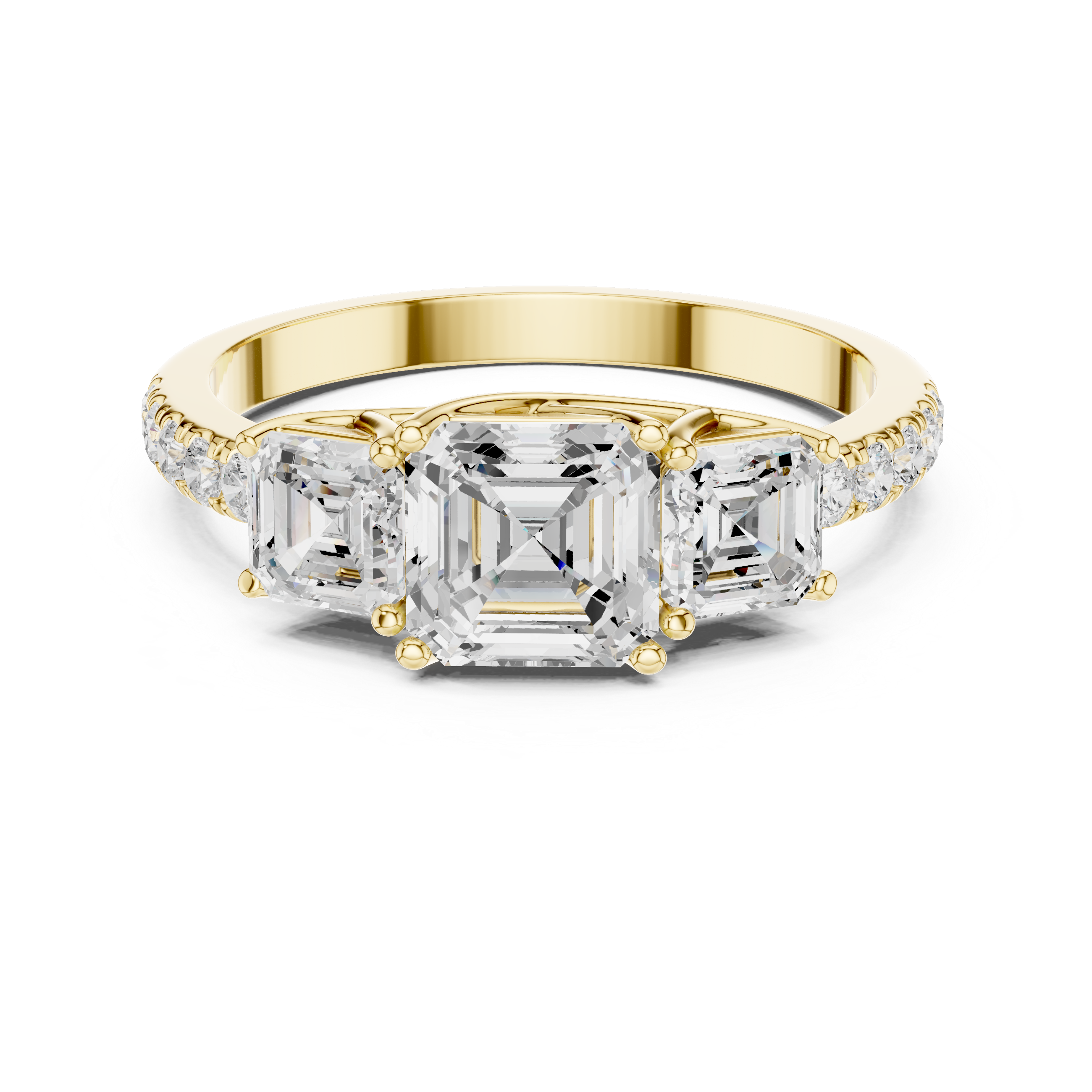 Three Stone Asscher Cut Engagement Ring – Emerald Cut Side Stones with Pavé Diamond Band
