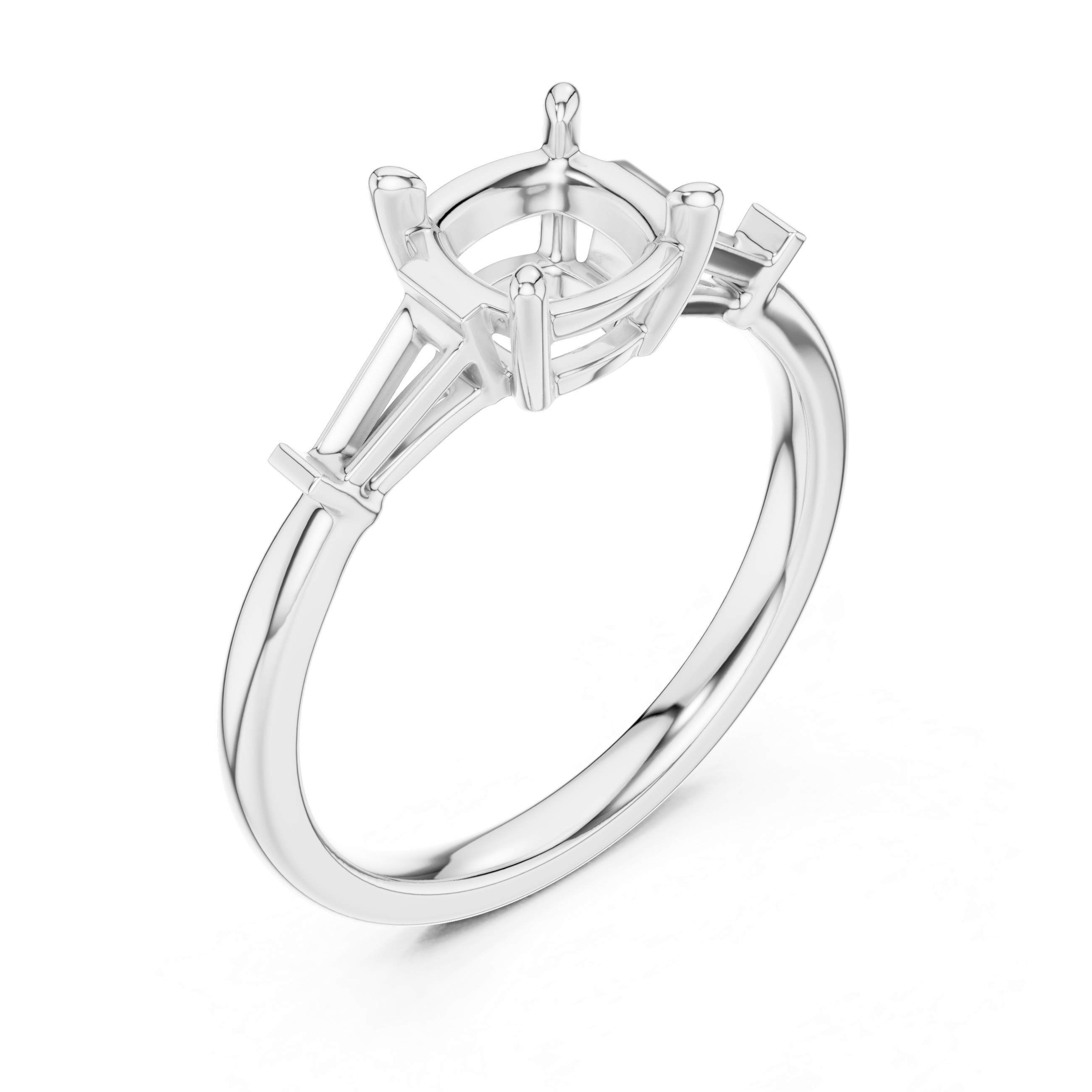 Cushion Cut Three Stone Diamond Engagement Ring with Baguette Side Stones