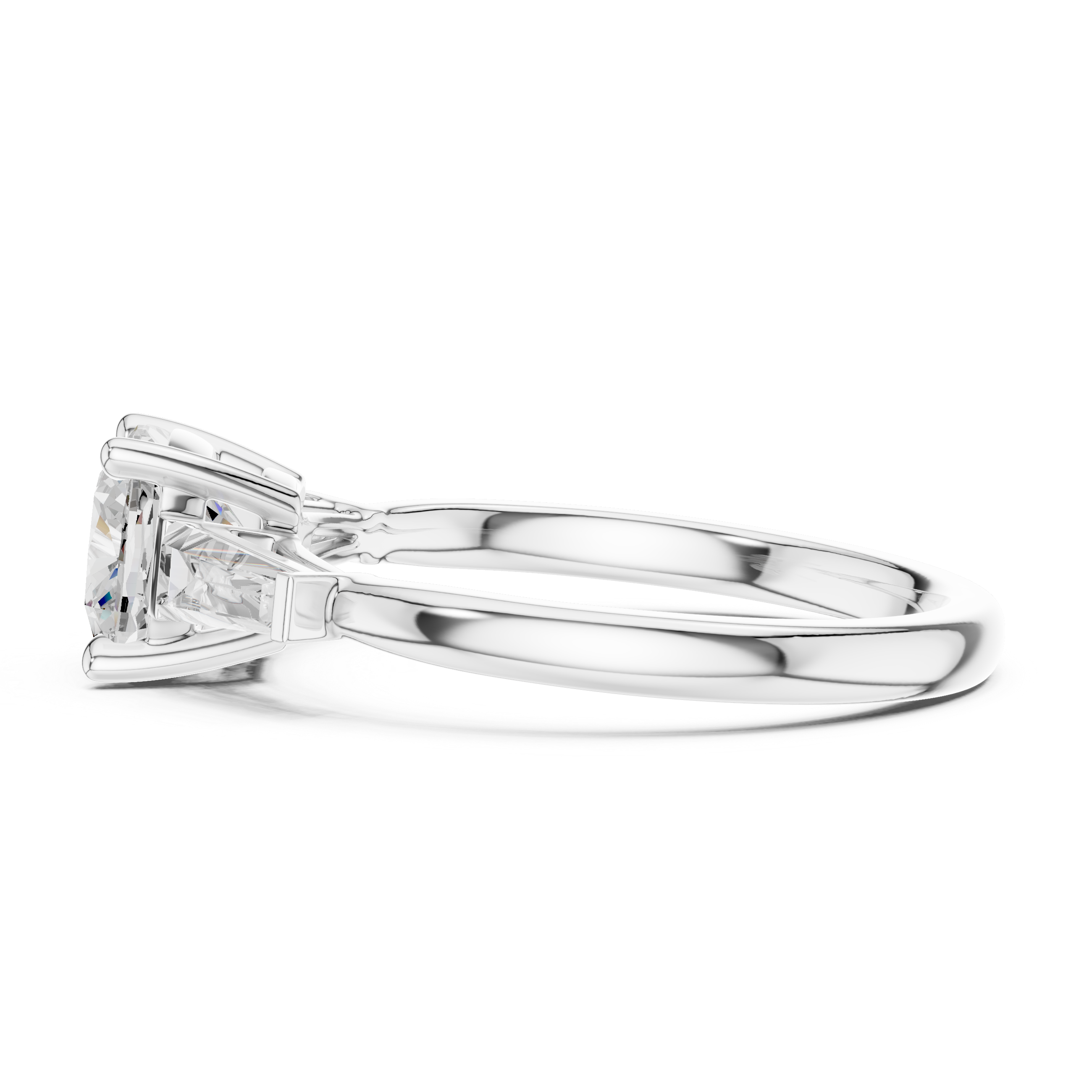 Cushion Cut Three Stone Diamond Engagement Ring with Baguette Side Stones