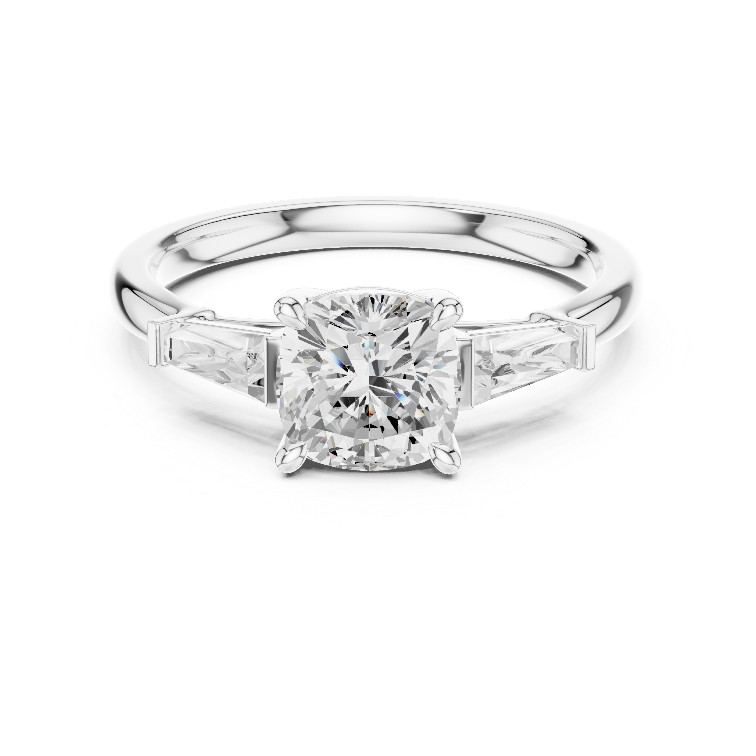 Cushion Cut Three Stone Diamond Engagement Ring with Baguette Side Stones