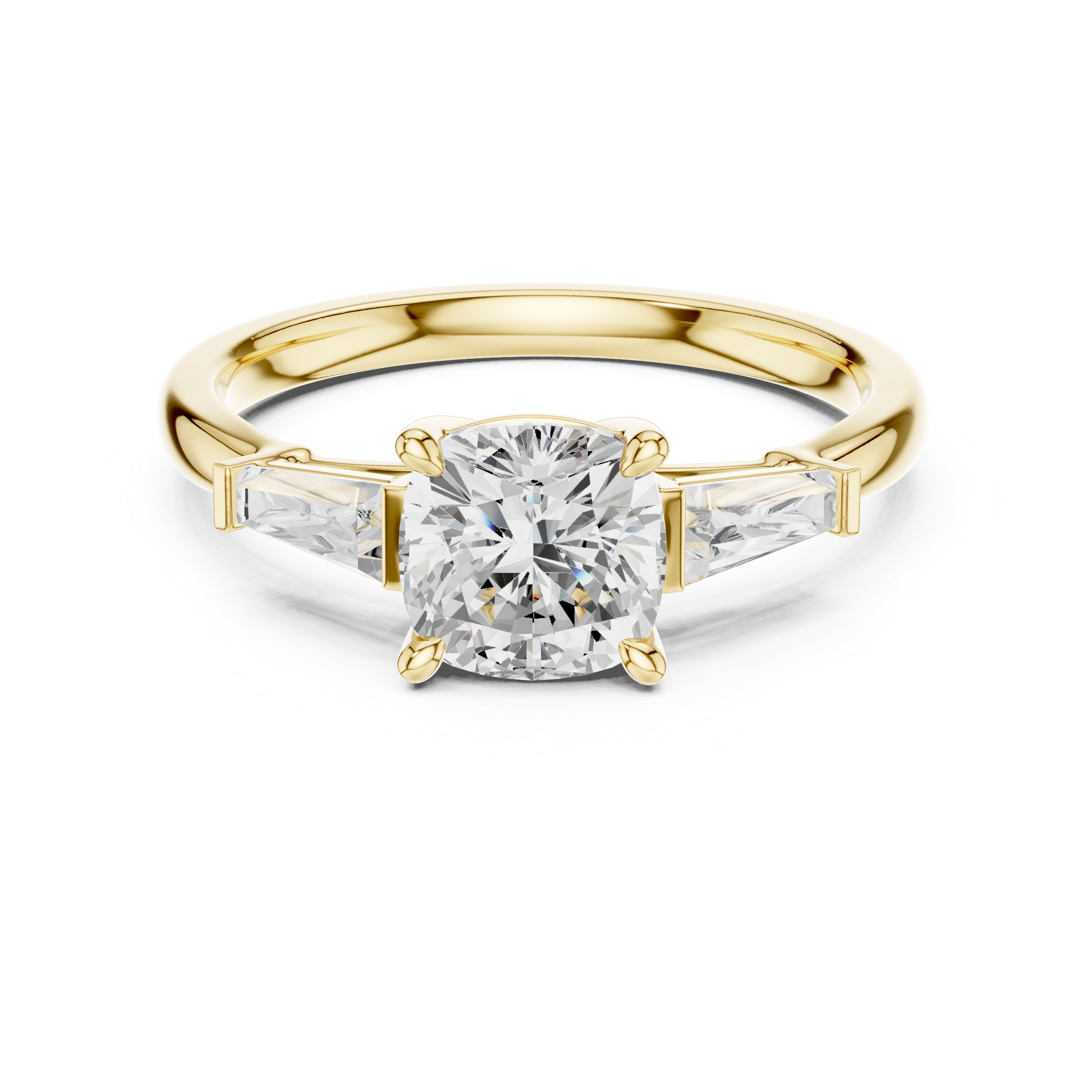 Cushion Cut Three Stone Diamond Engagement Ring with Baguette Side Stones