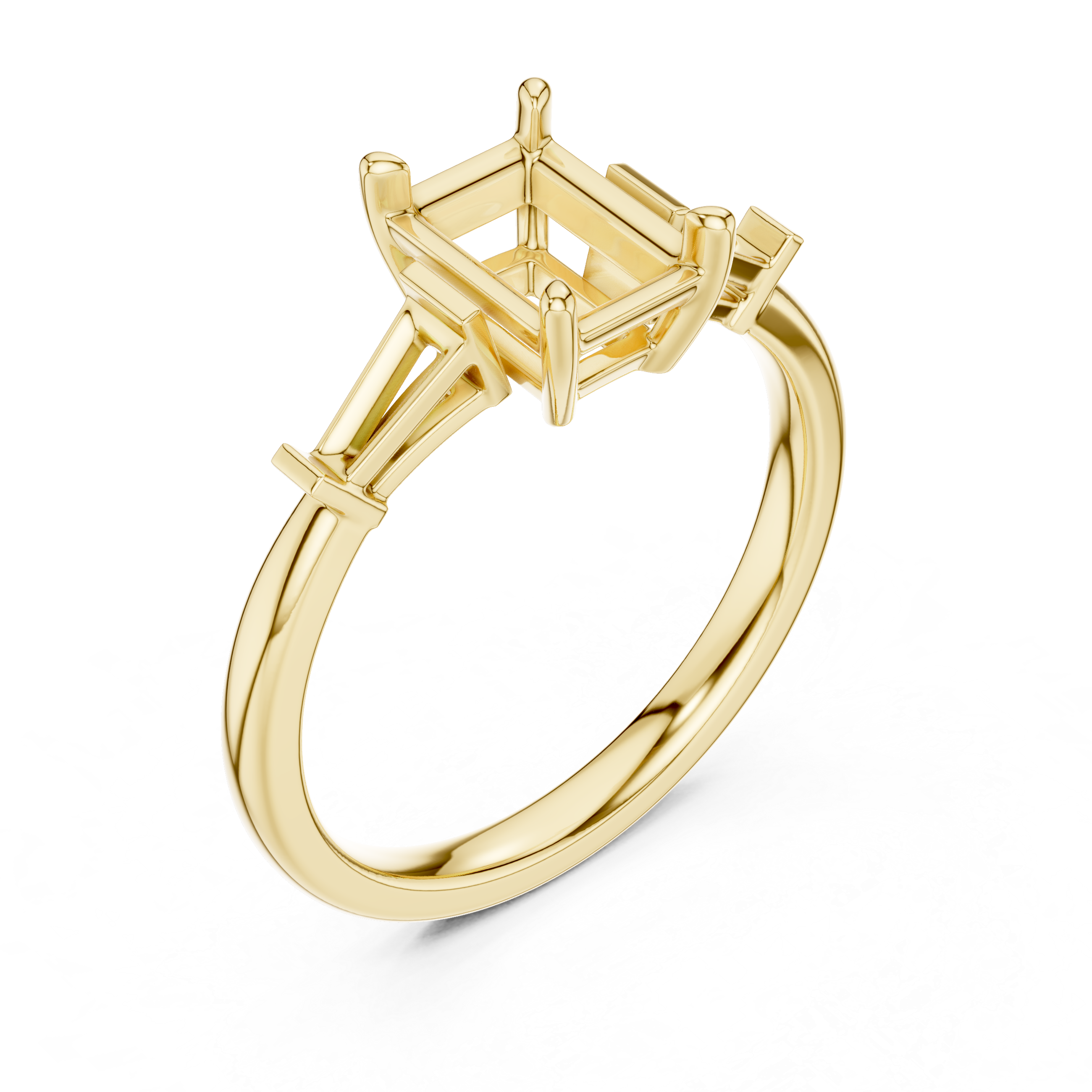 Radiant Cut Three Stone Diamond Engagement Ring with Tapered Baguette Side Stones
