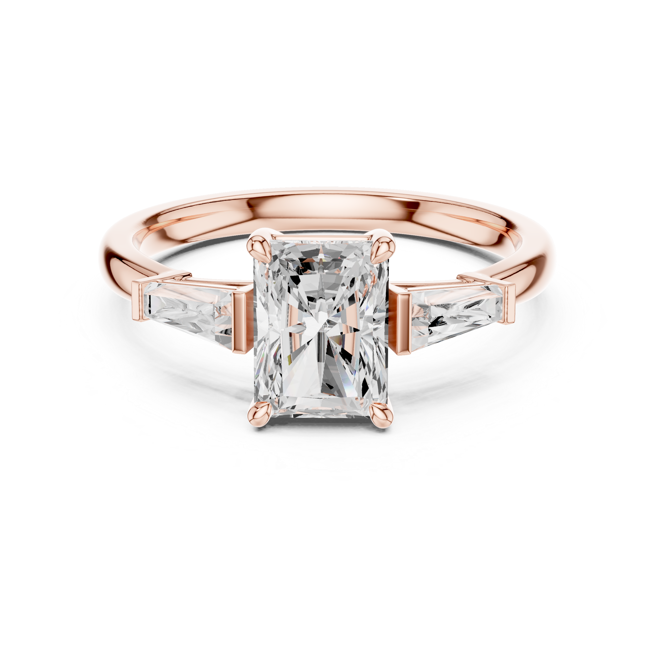 Radiant Cut Three Stone Diamond Engagement Ring with Tapered Baguette Side Stones