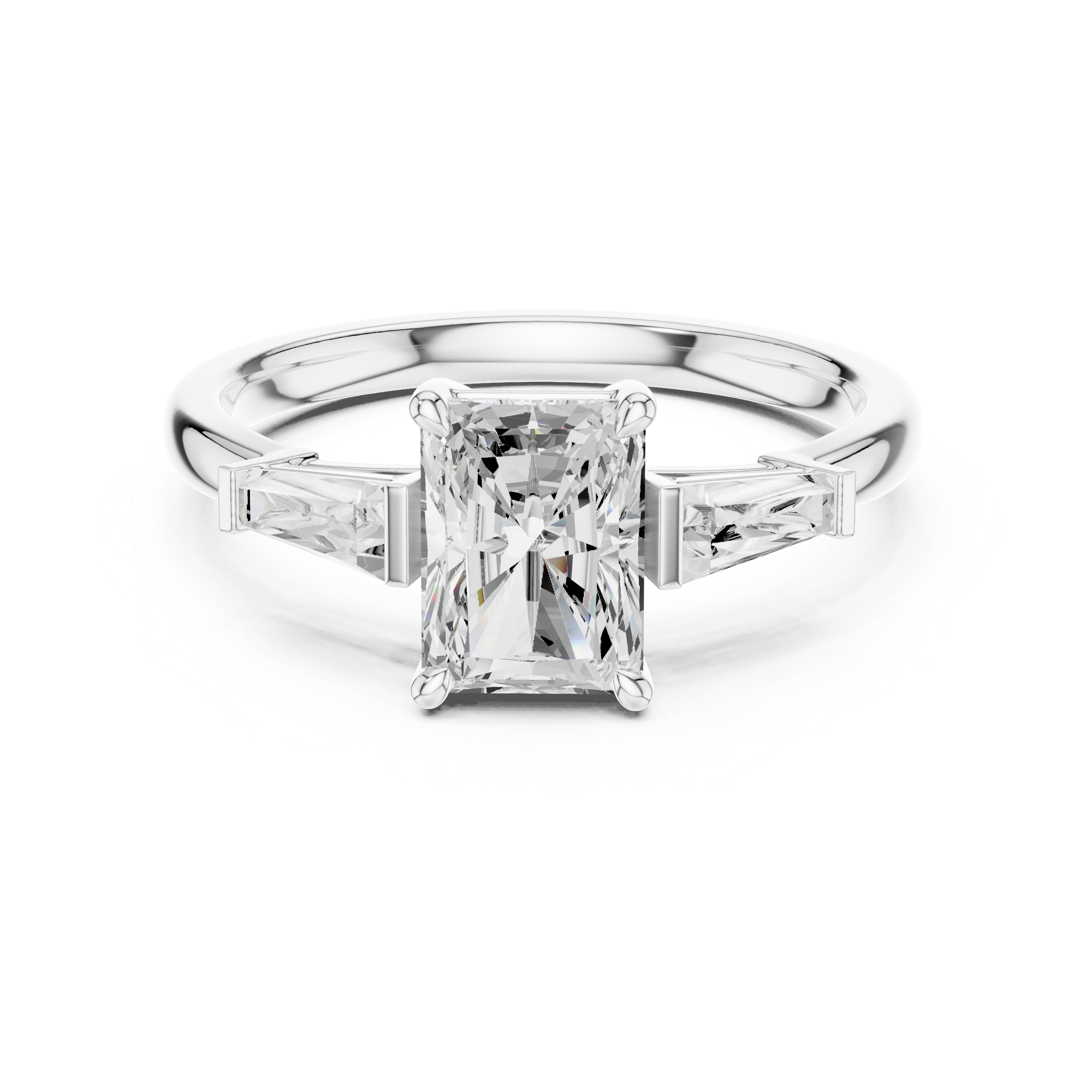 Radiant Cut Three Stone Diamond Engagement Ring with Tapered Baguette Side Stones