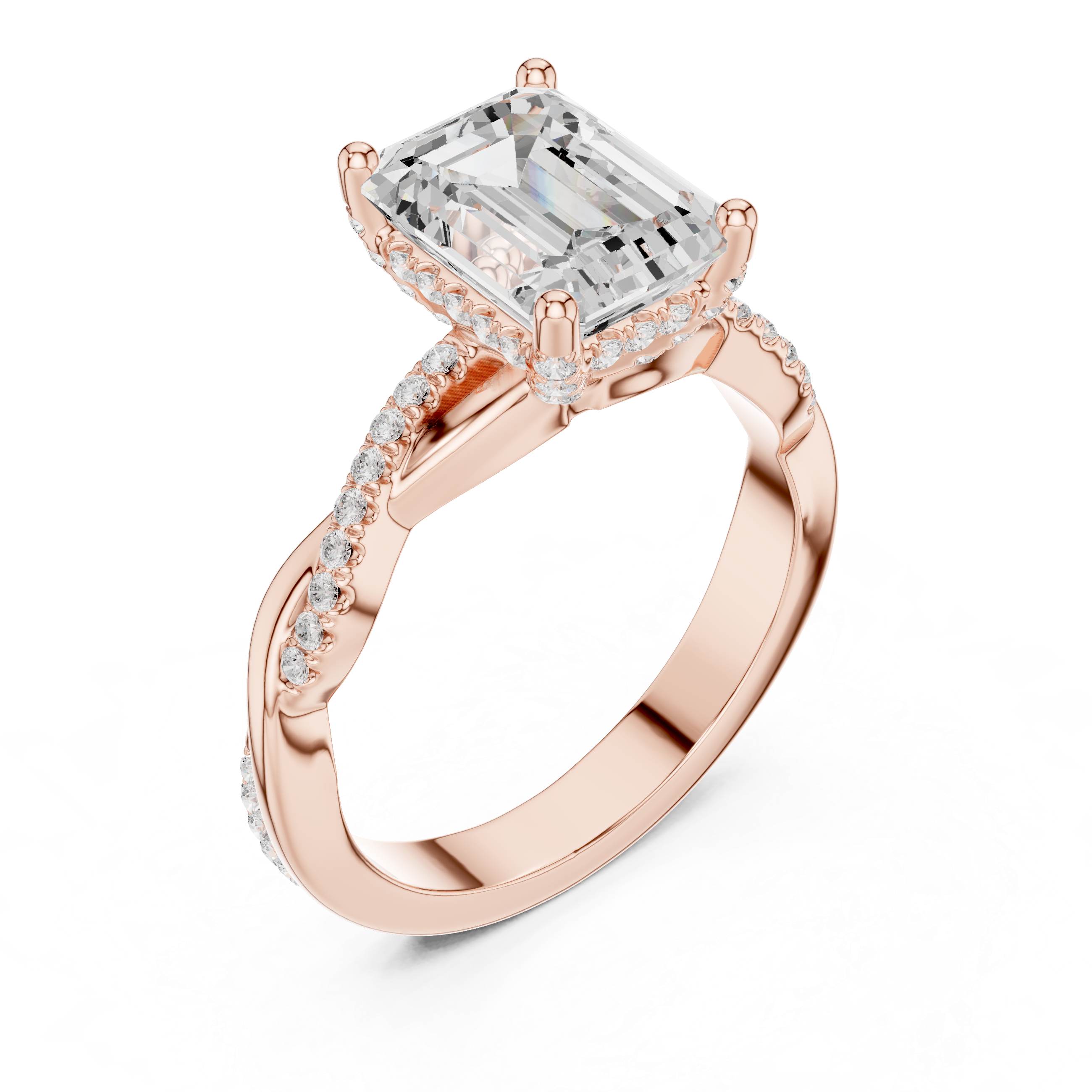 Twisted Pavé Emerald Cut Engagement Ring with Split Shank Design