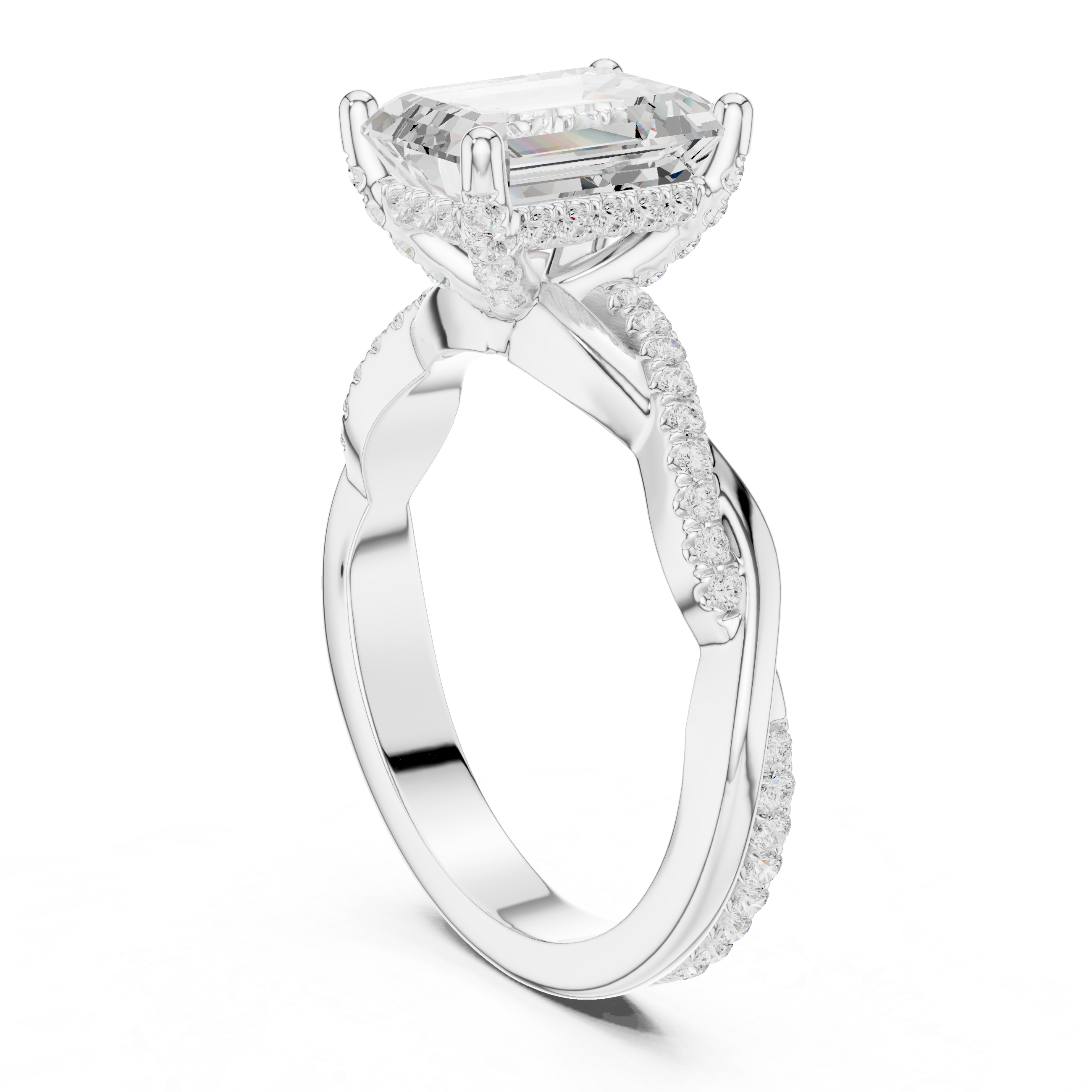 Twisted Pavé Emerald Cut Engagement Ring with Split Shank Design