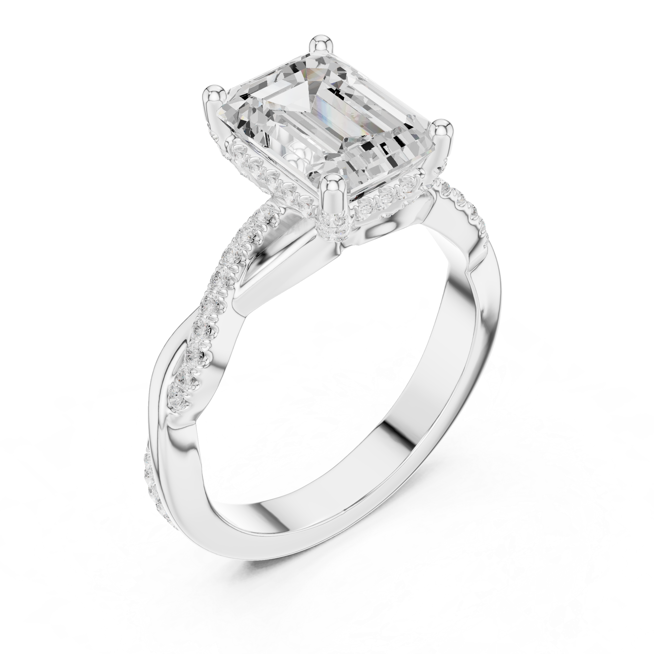 Twisted Pavé Emerald Cut Engagement Ring with Split Shank Design