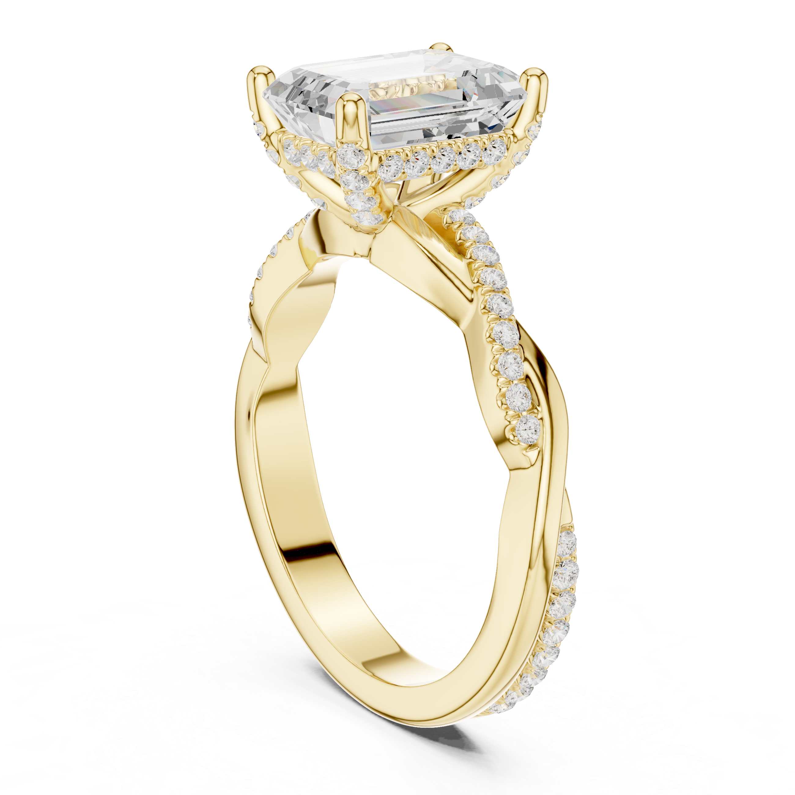 Twisted Pavé Emerald Cut Engagement Ring with Split Shank Design