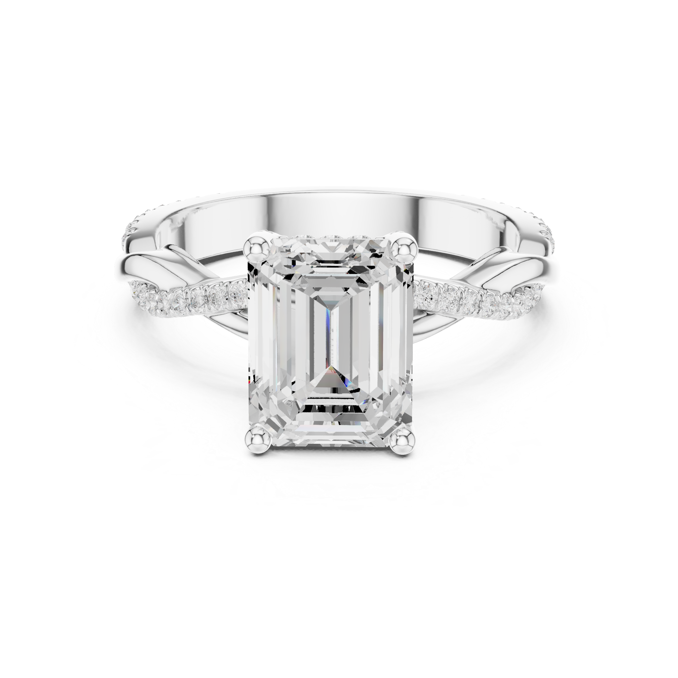 Twisted Pavé Emerald Cut Engagement Ring with Split Shank Design