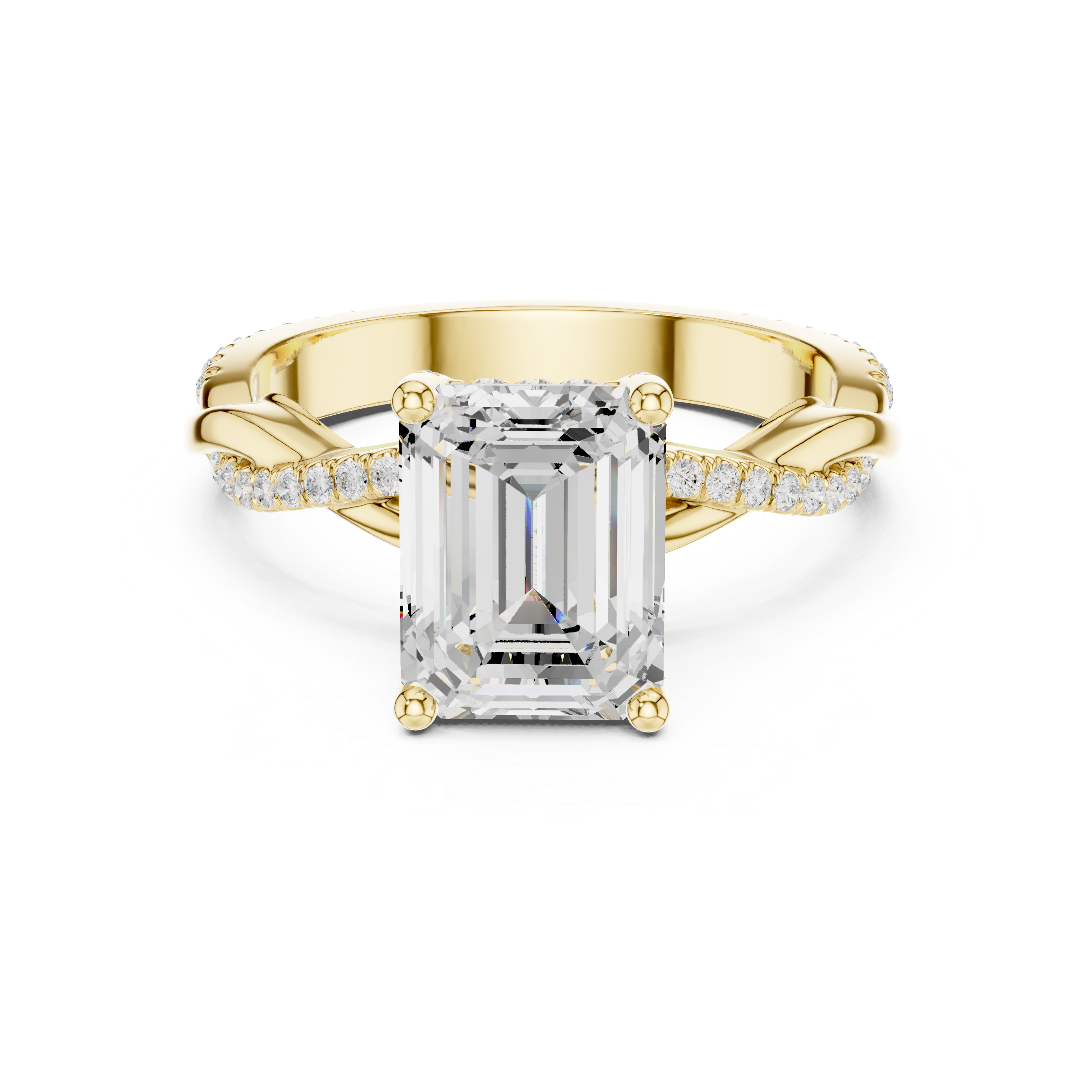 Twisted Pavé Emerald Cut Engagement Ring with Split Shank Design