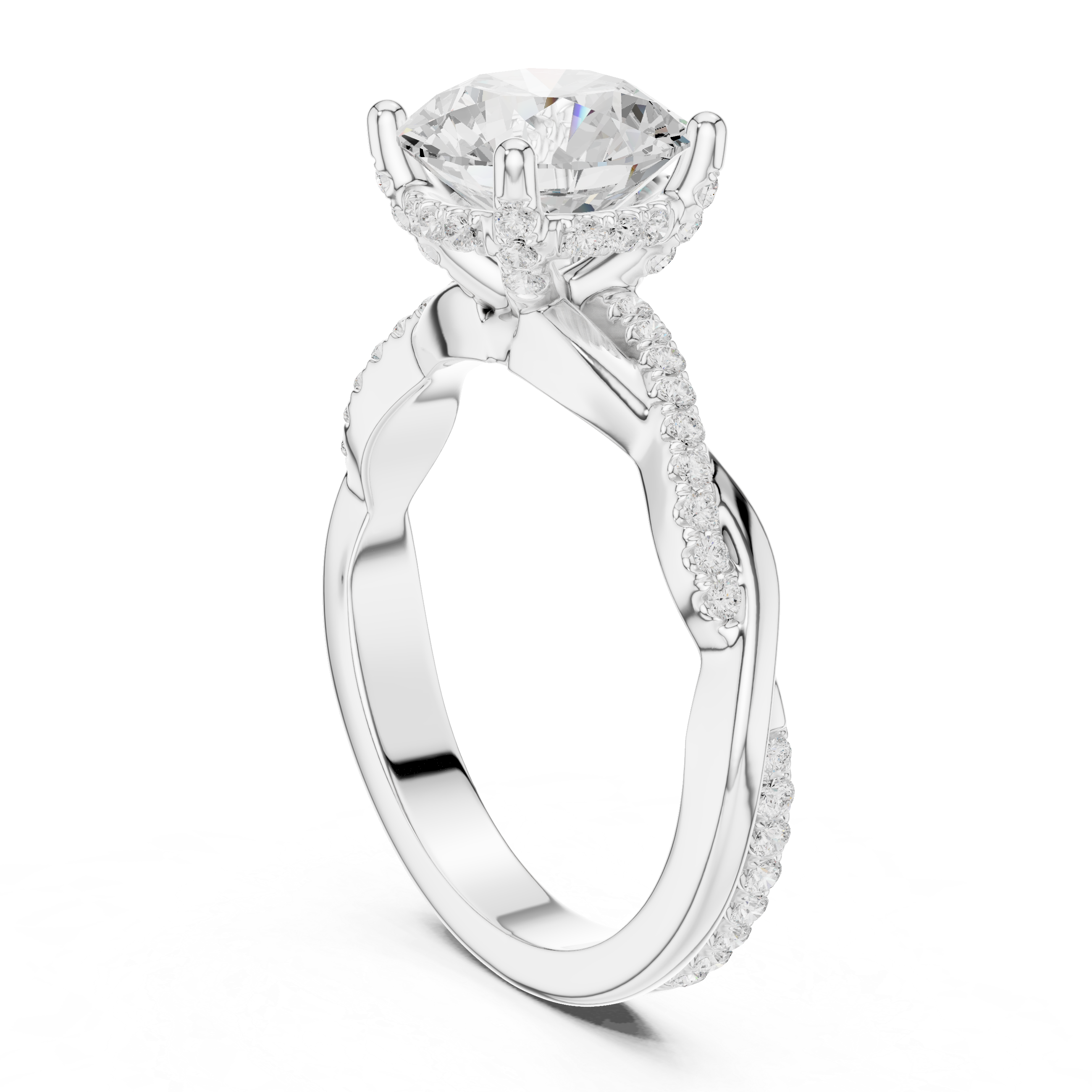 Twisted Pavé Round Cut Engagement Ring with Cathedral Setting