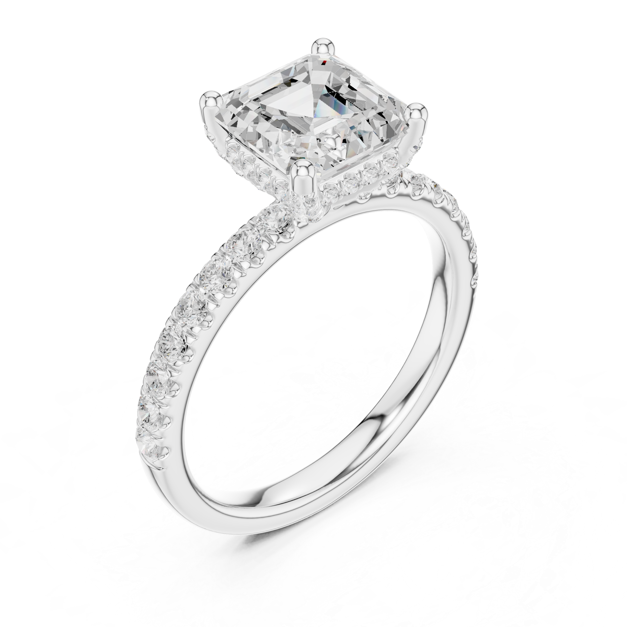 Asscher Cut Halo-Inspired Solitaire Engagement Ring with Pavé Diamond Band