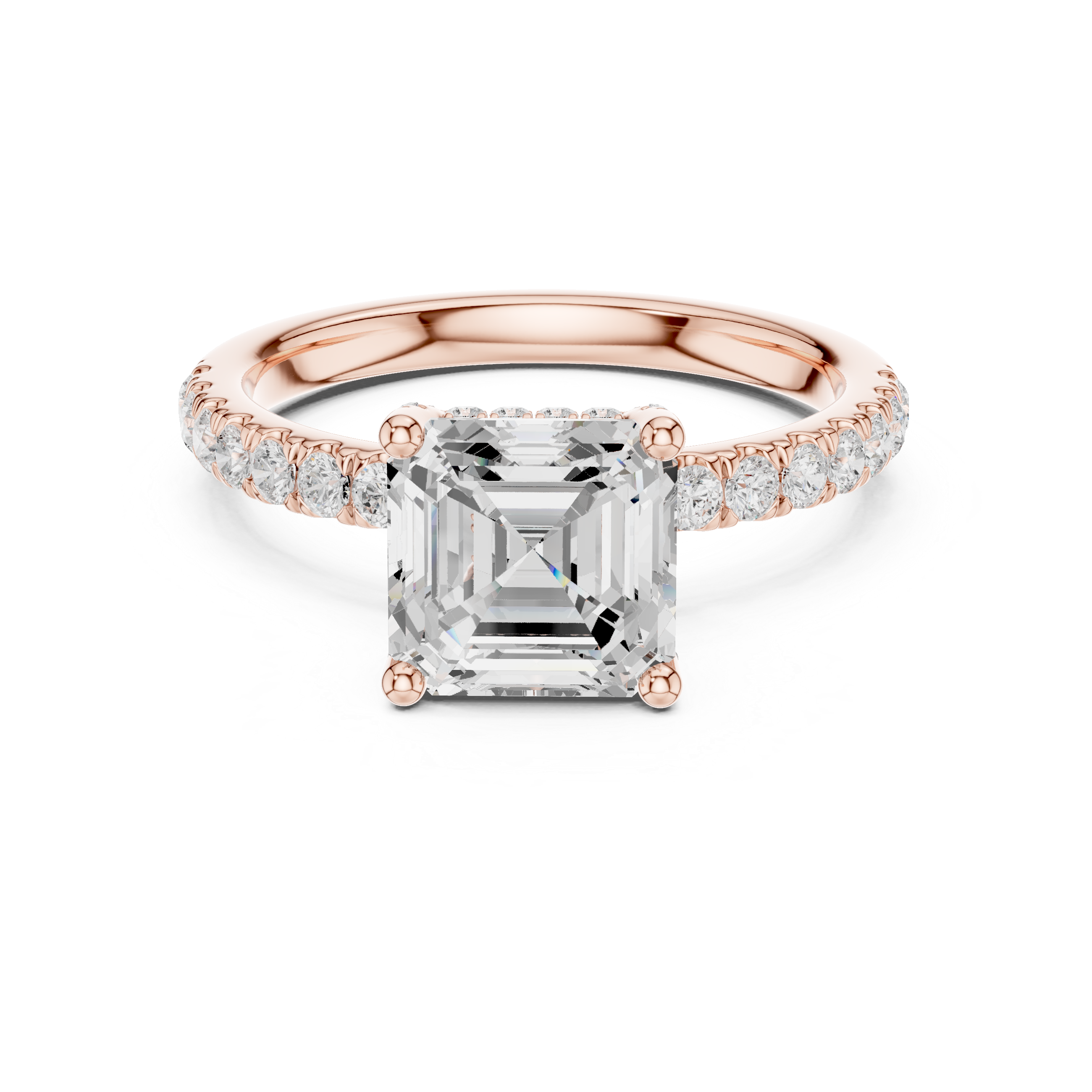 Asscher Cut Halo-Inspired Solitaire Engagement Ring with Pavé Diamond Band