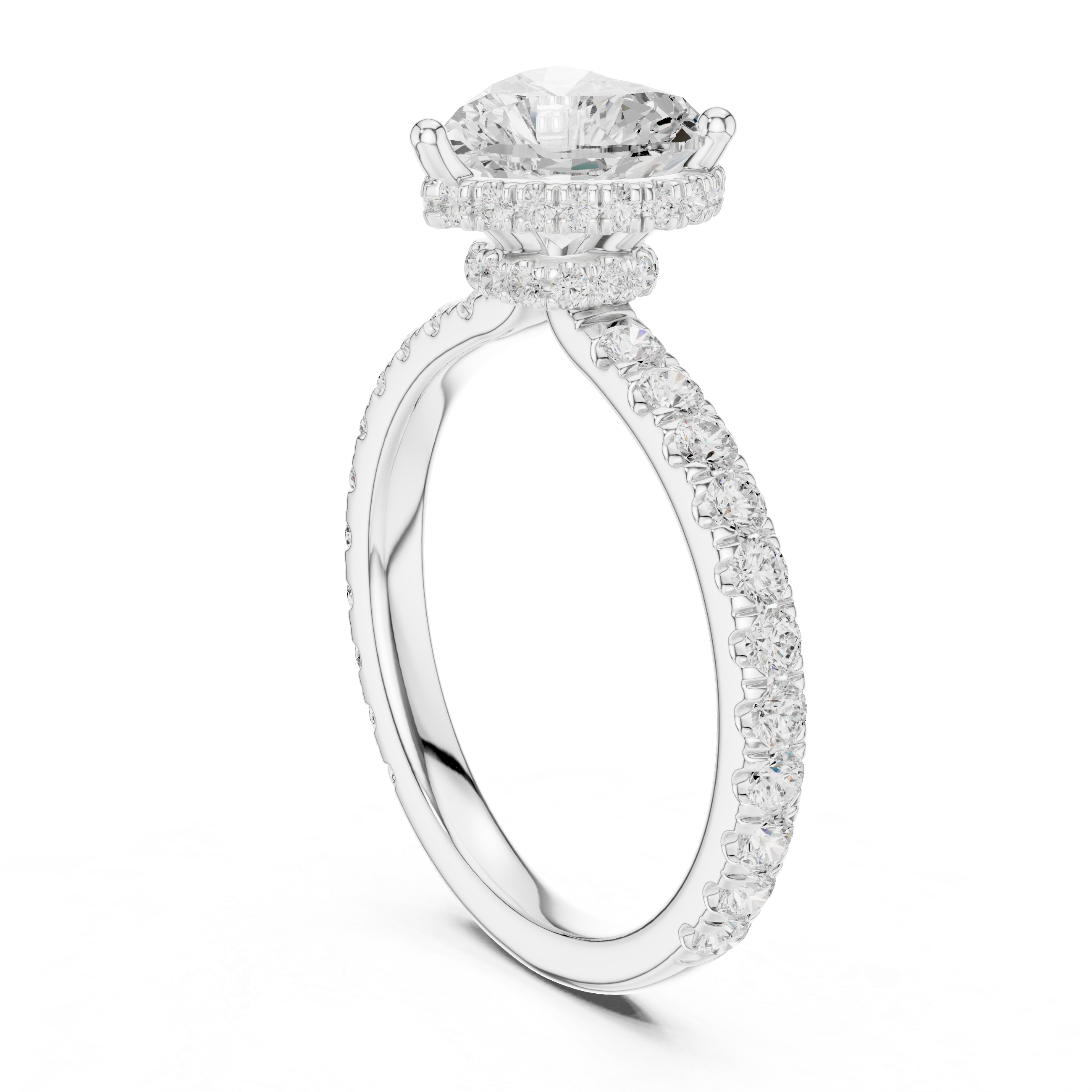 Heart Cut Pavé Engagement Ring with Hidden Halo and Diamond Band