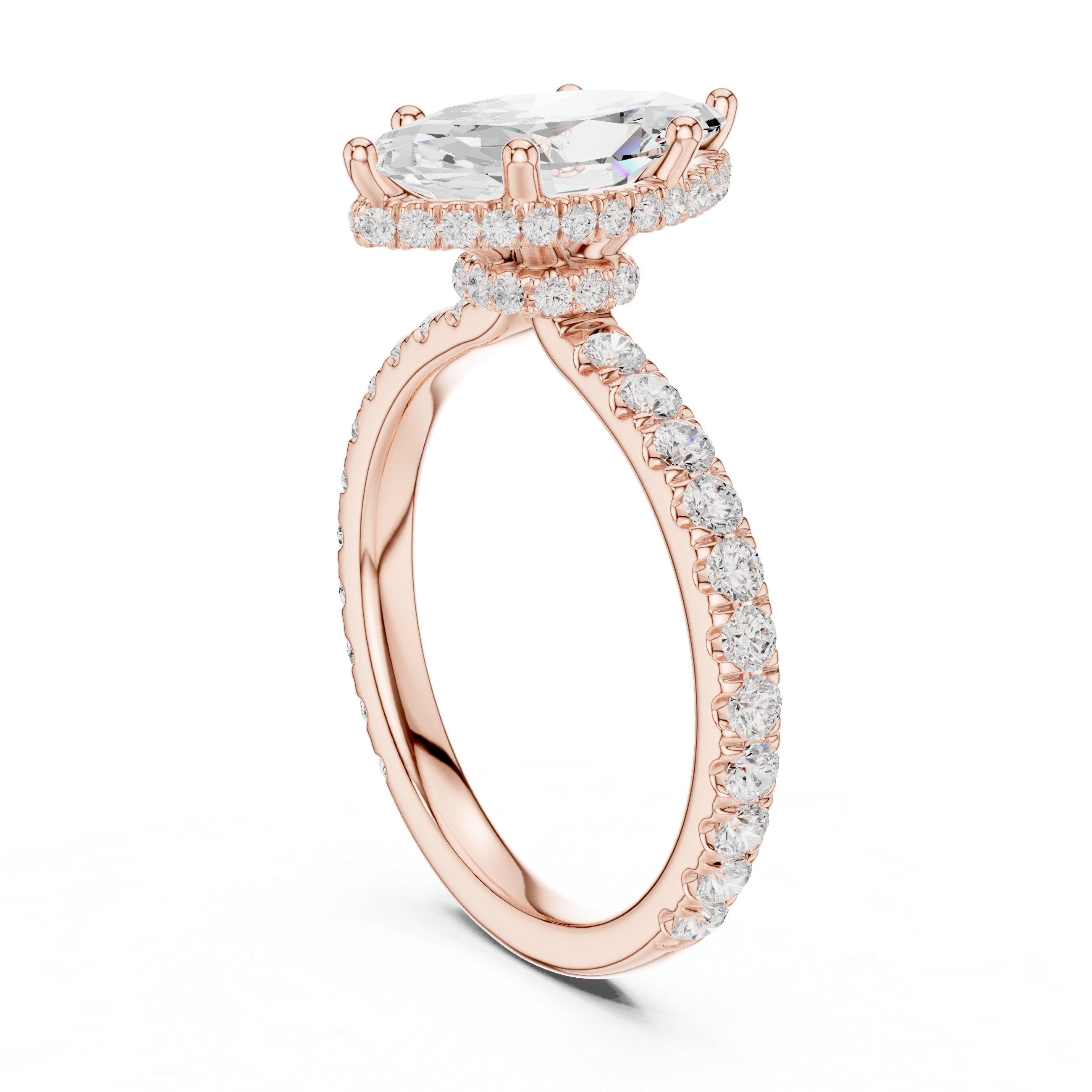 Marquise Cut Pavé Engagement Ring with Hidden Halo and Diamond Band