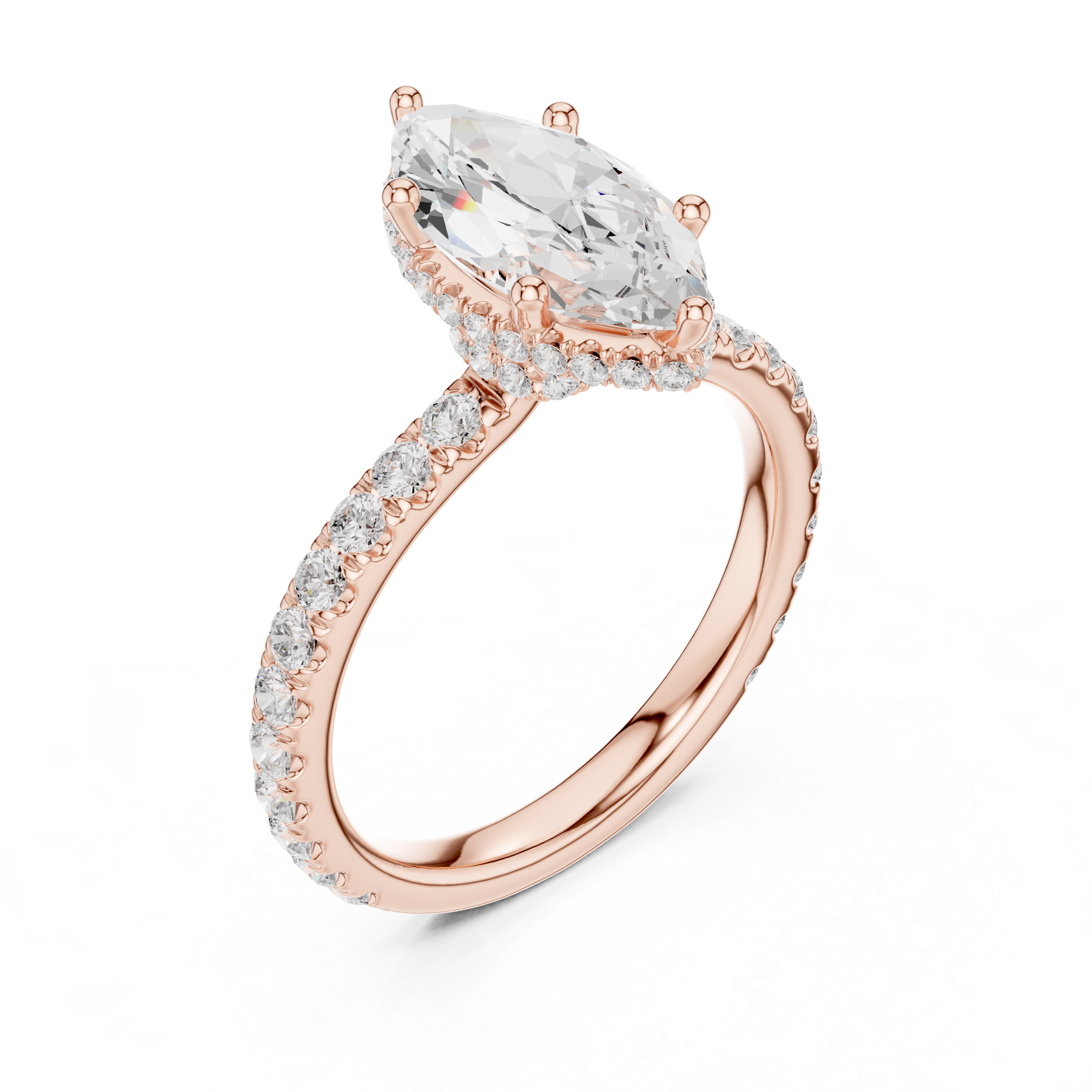 Marquise Cut Pavé Engagement Ring with Hidden Halo and Diamond Band